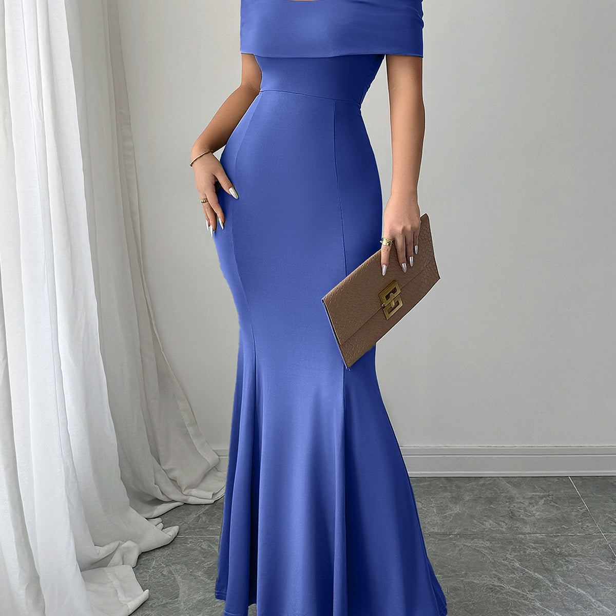 Trumpet/Mermaid Bodycon Off The Shoulder Blue Wedding Guest Dress, Blue / S