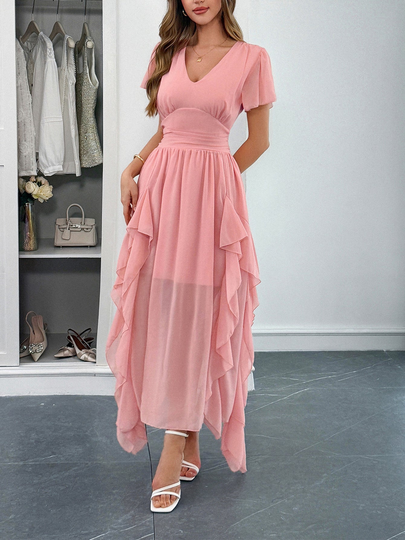 Flamingo A-Line V-Neck Short Sleeves Wedding Guest Dress with Ruffles Side