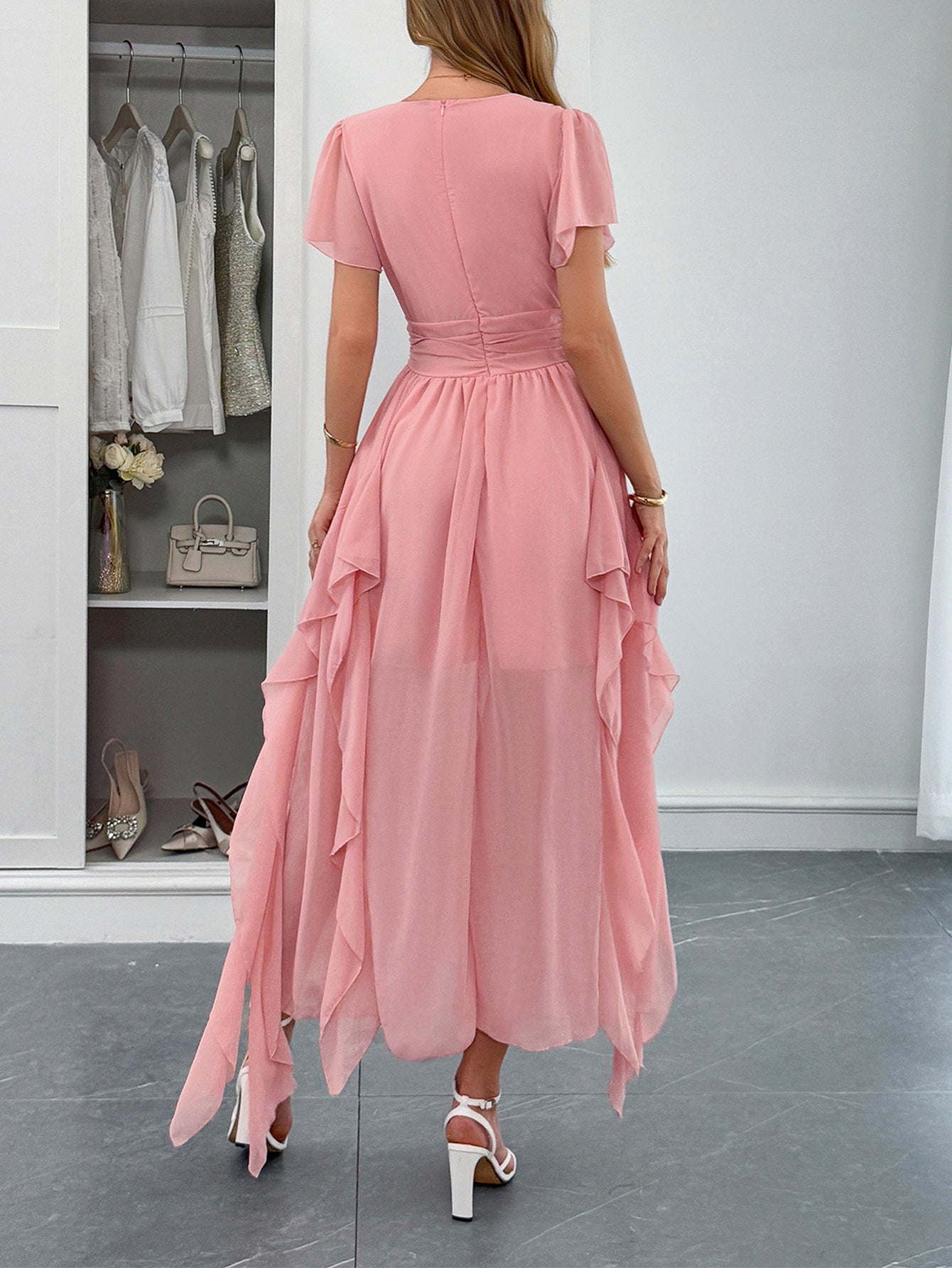 Flamingo A-Line V-Neck Short Sleeves Wedding Guest Dress with Ruffles Side