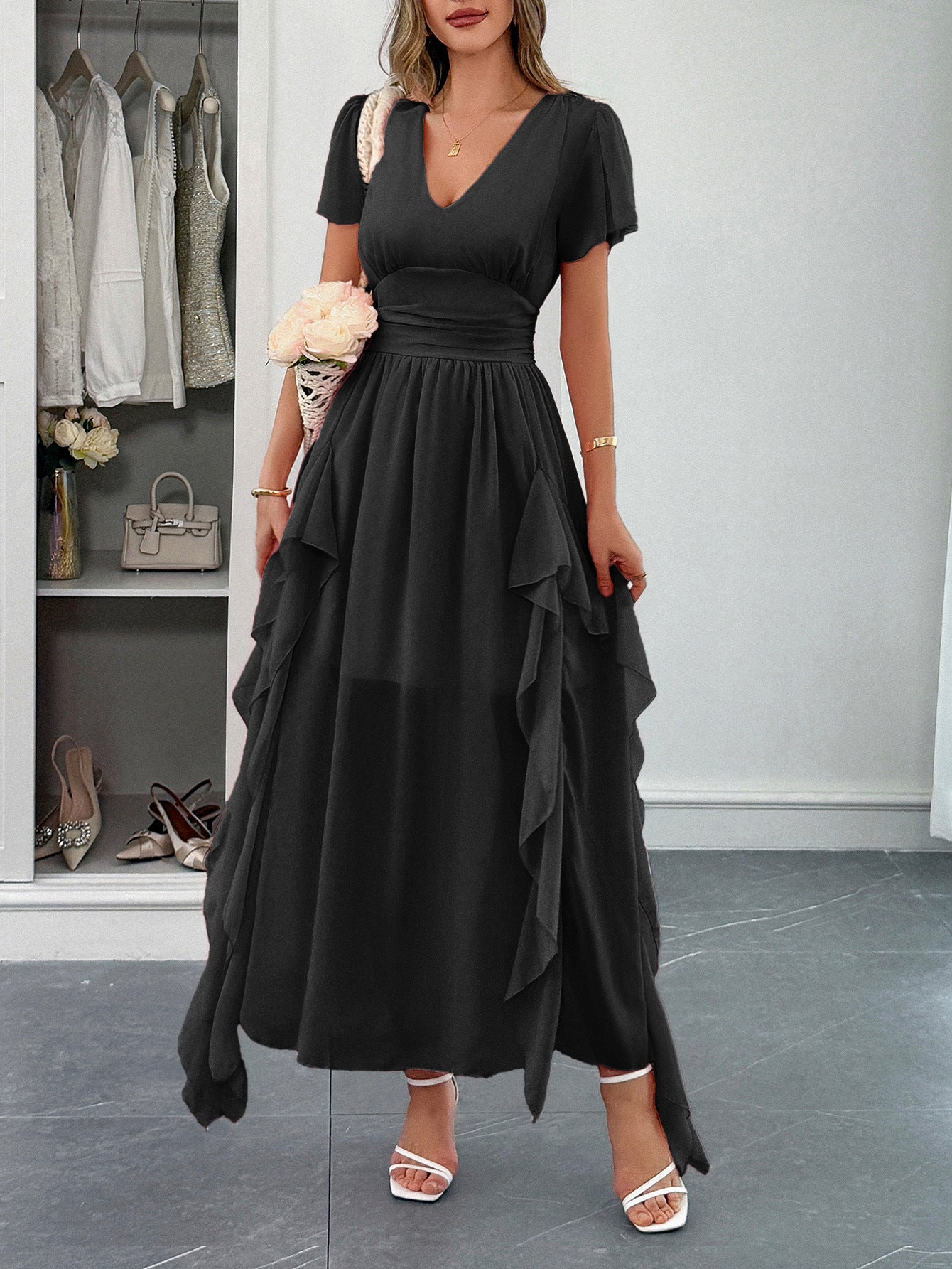 Black A-Line V-Neck Short Sleeves Wedding Guest Dress with Ruffles Side