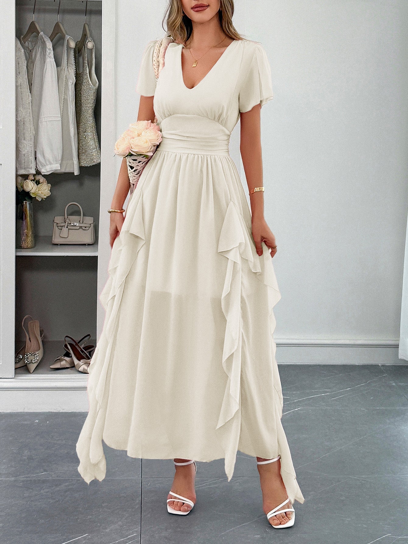 Apricot A-Line V-Neck Short Sleeves Wedding Guest Dress with Ruffles Side