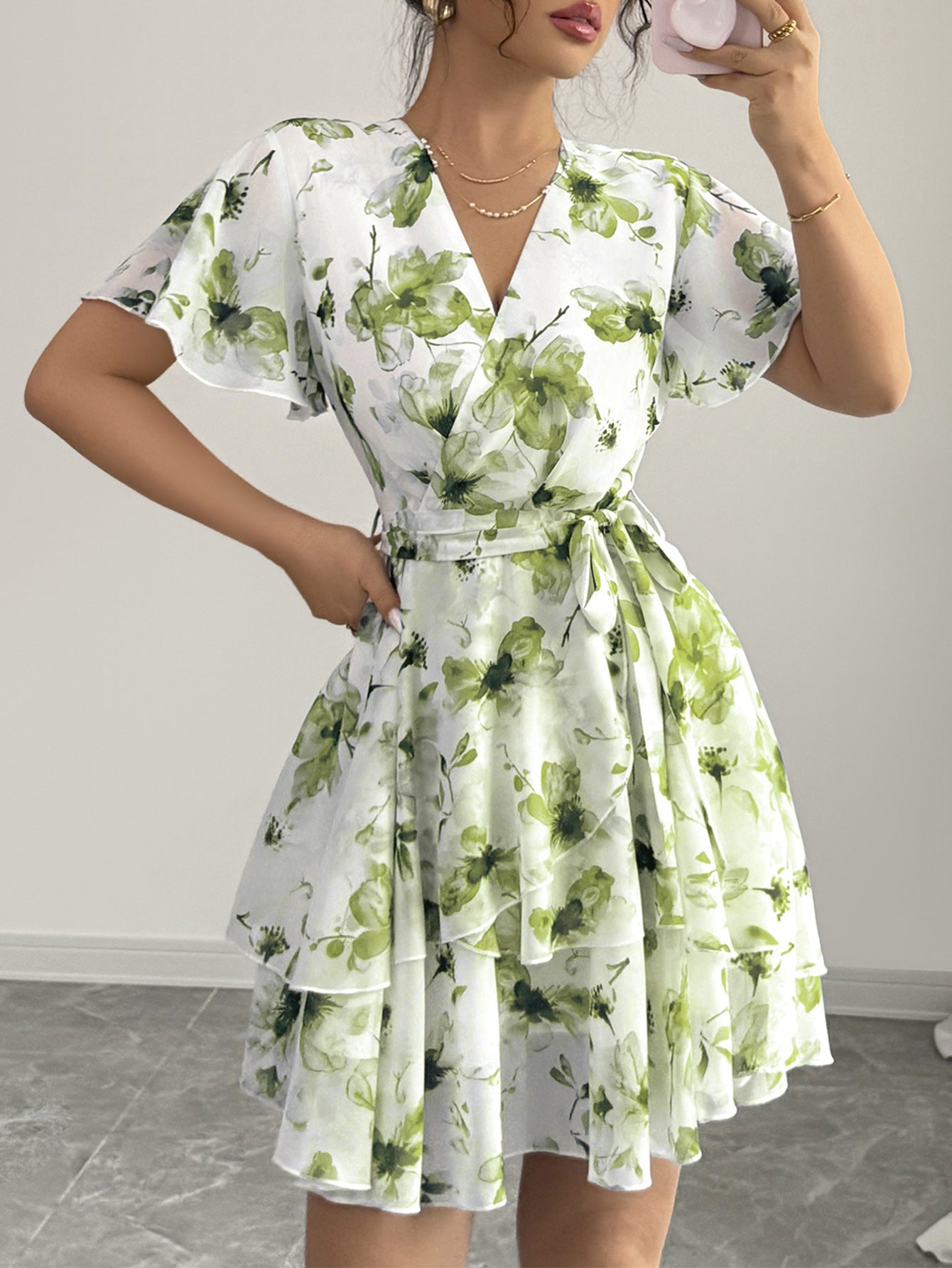Moss Floral V-Neck Short Sleeves Wedding Guest Dress with Belt