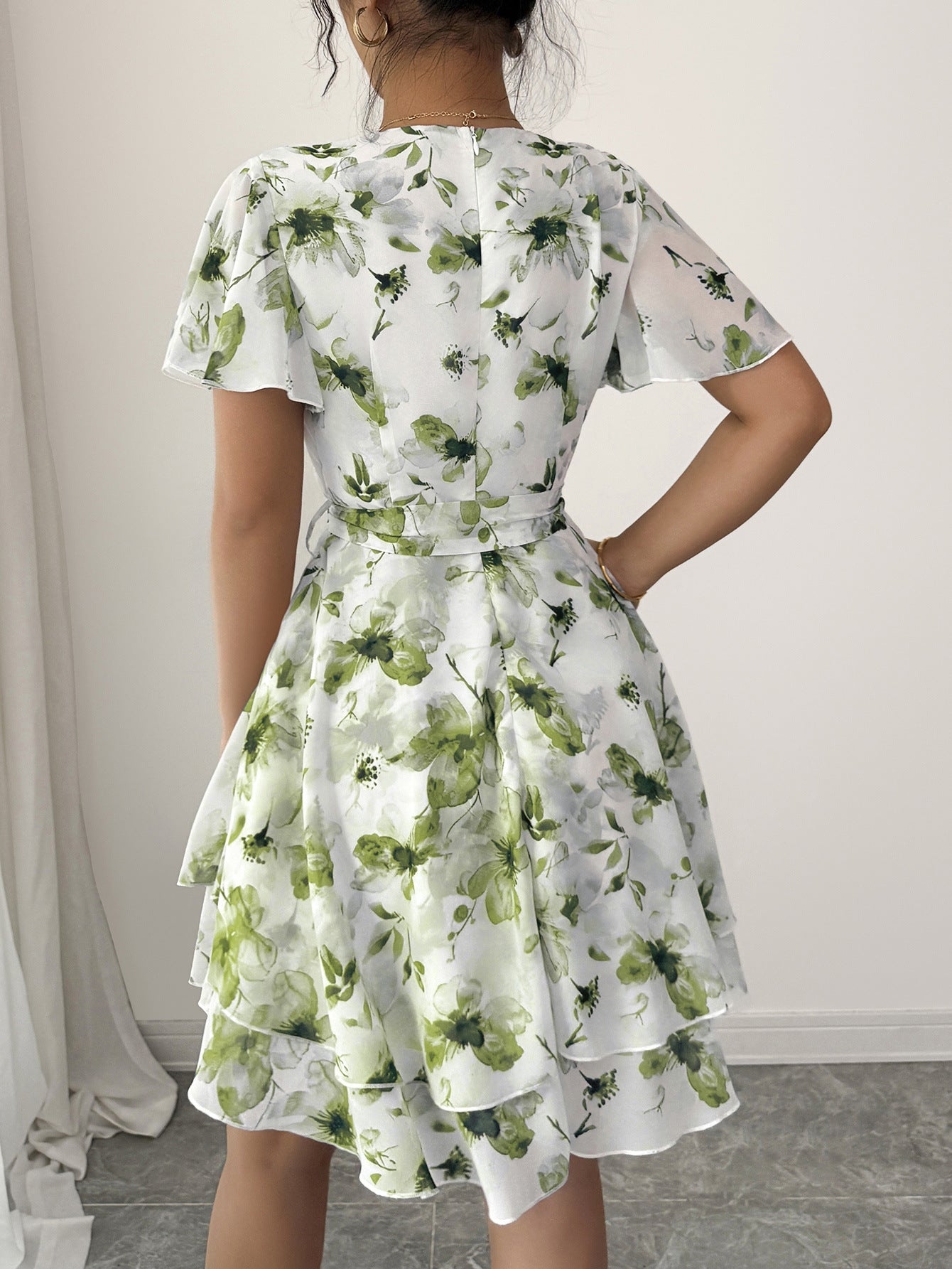 Moss Floral V-Neck Short Sleeves Wedding Guest Dress with Belt