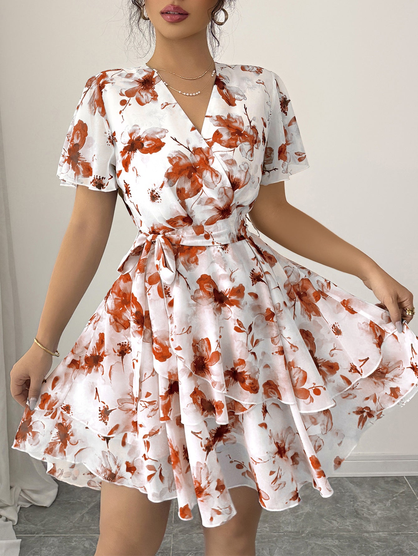 Rust Floral V-Neck Short Sleeves Wedding Guest Dress with Belt