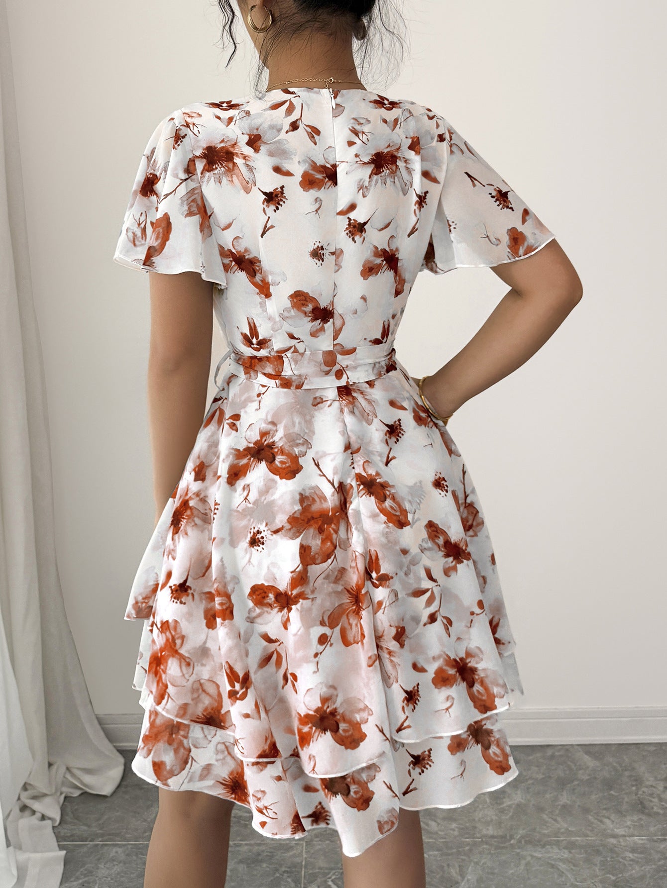 Rust Floral V-Neck Short Sleeves Wedding Guest Dress with Belt