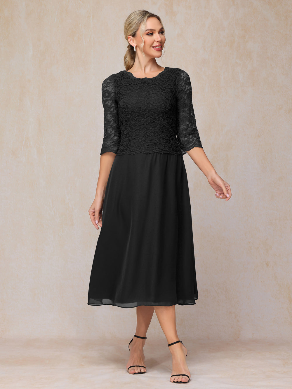Mother of the Bride Dress Wrap Included Straps Tea Length Chiffon Lace Long Sleeve with Lace main image 1