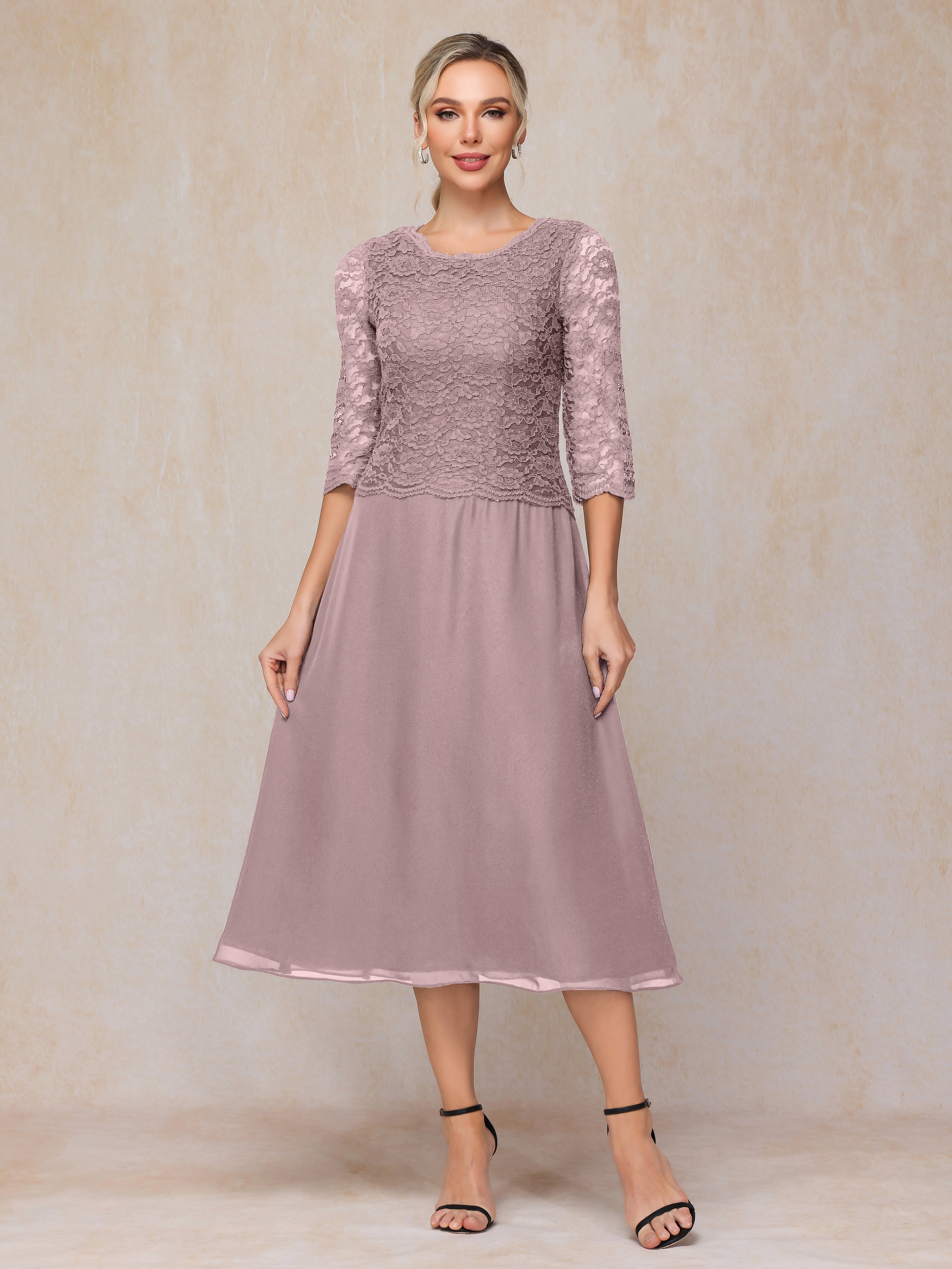 A-Line Tea Length Chiffon Lace Mother Of The Bride Dress