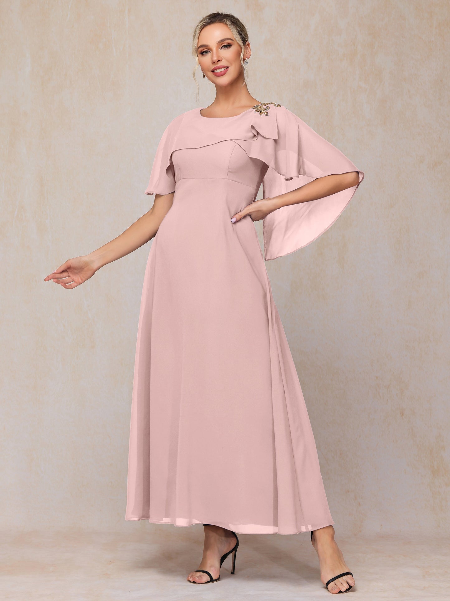Formal Short Sleeves Ankle Length Chiffon Wedding Guest Dresses