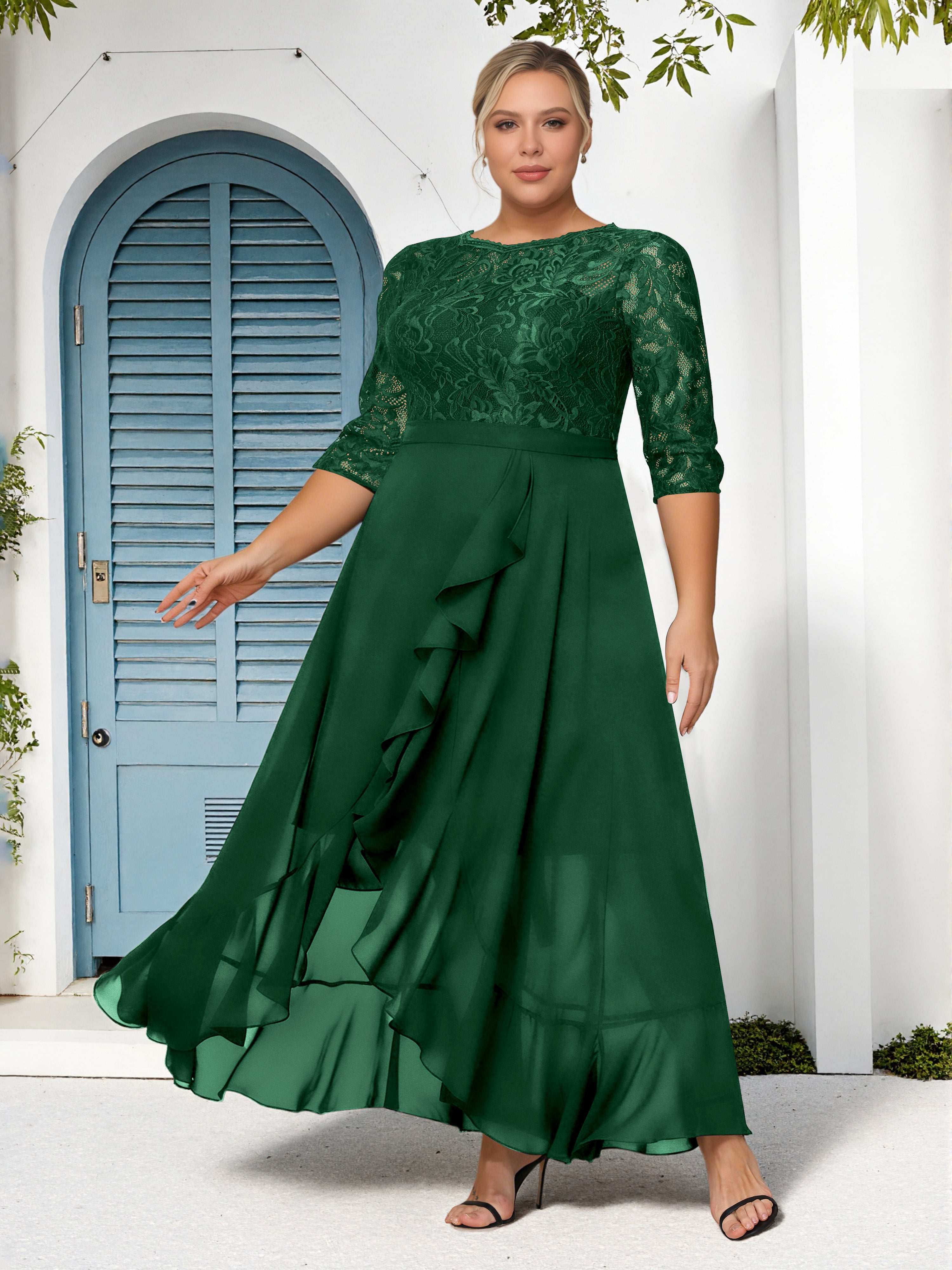 Cicinia Dark Green Mother Of The Bride Dress With Sleeves Plus Size Long Chiffon Lace A-line Ankle Length Cicinia Dark Green Mother Of The Bride Dress With Sleeves Plus Size Long Chiffon Lace A-line Ankle Length