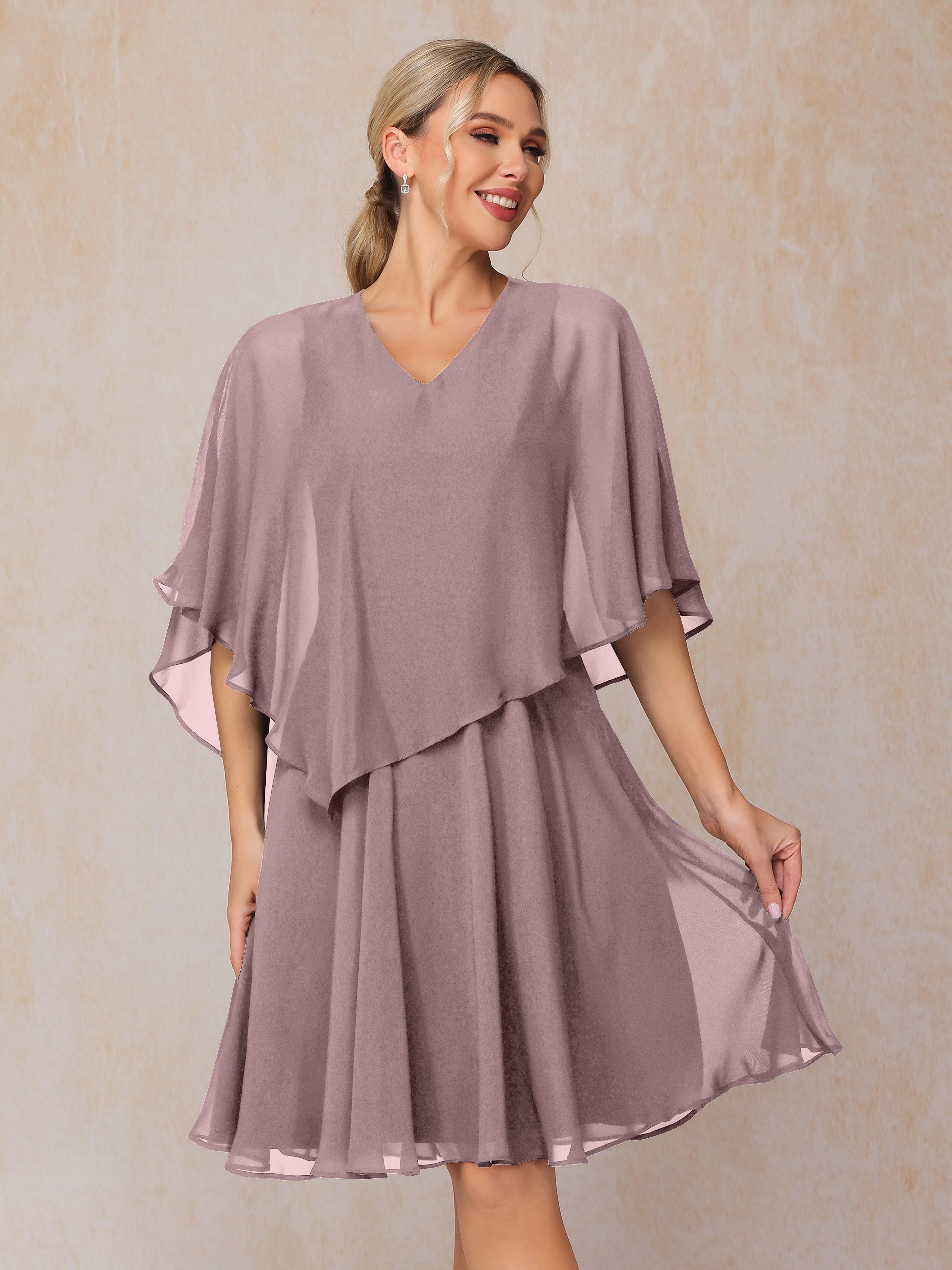 V Neck Short Sleeves Knee Length Chiffon Mother Of The  Groom Dress