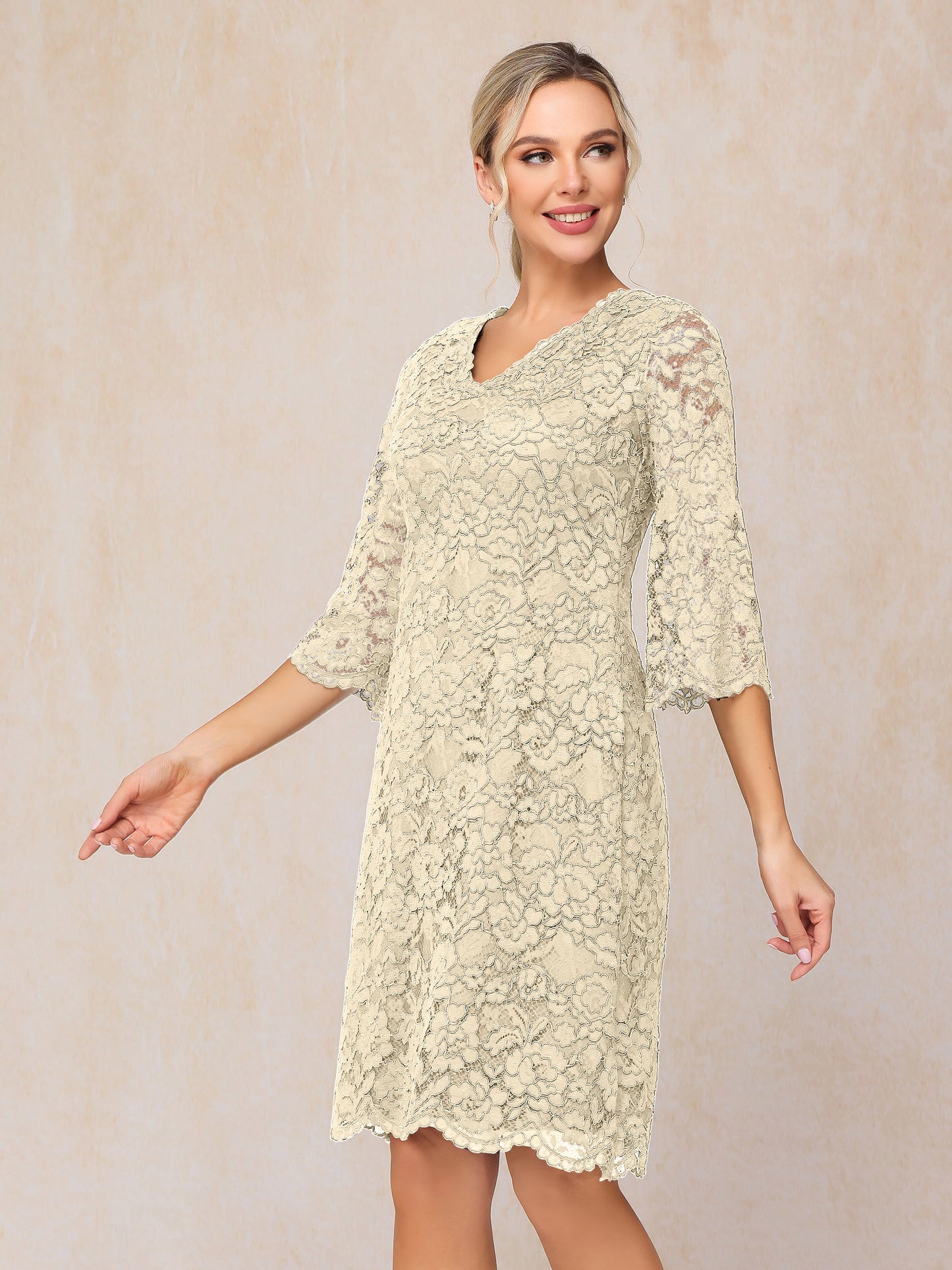 3/4 Sleeves Knee Length Lace Mother Of The Bride Dress