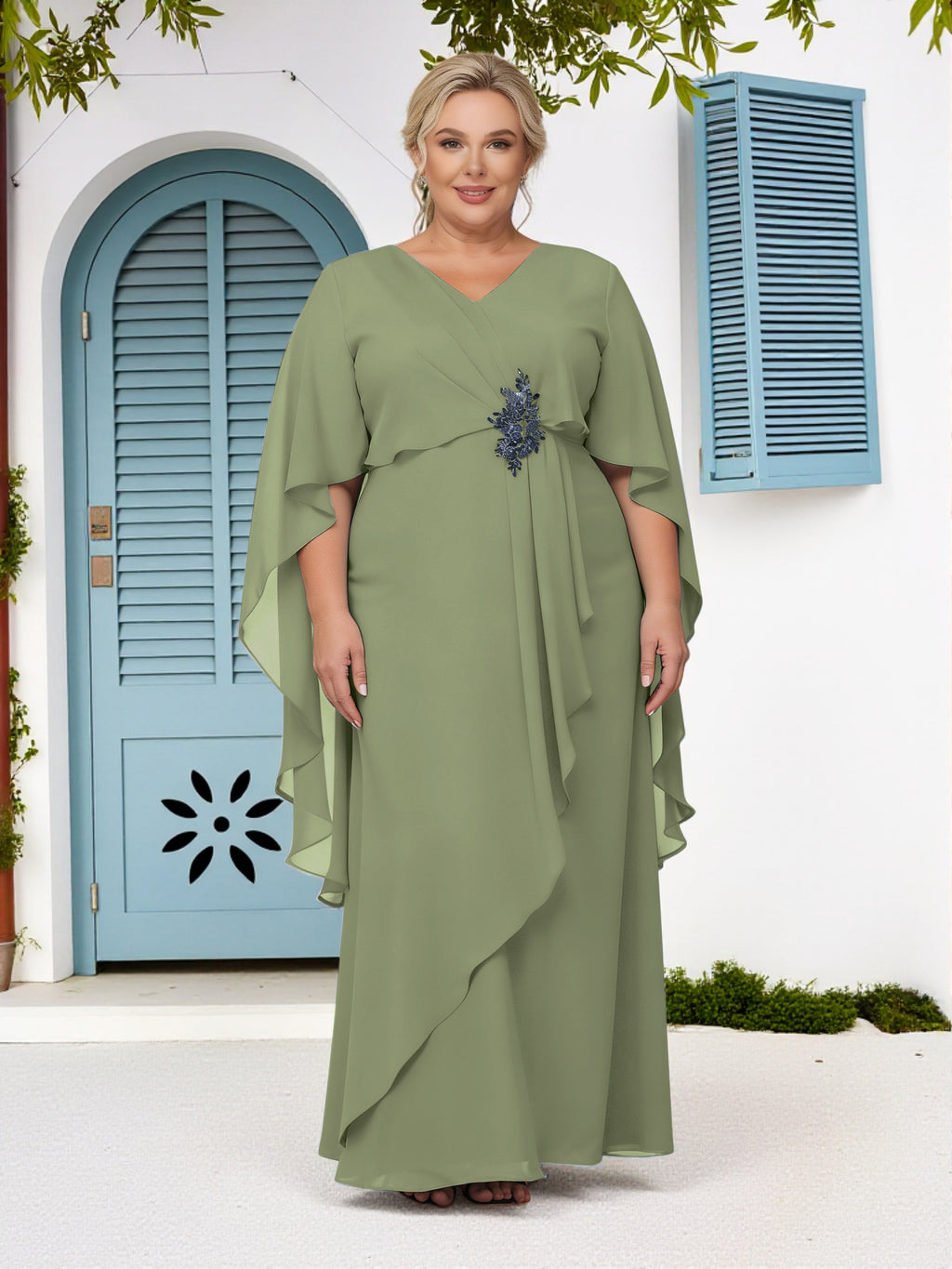 Cicinia Olive Green Plus Size Mother Of The Bride Dress Long Chiffon Beaded Sheath Floor Length V-neck