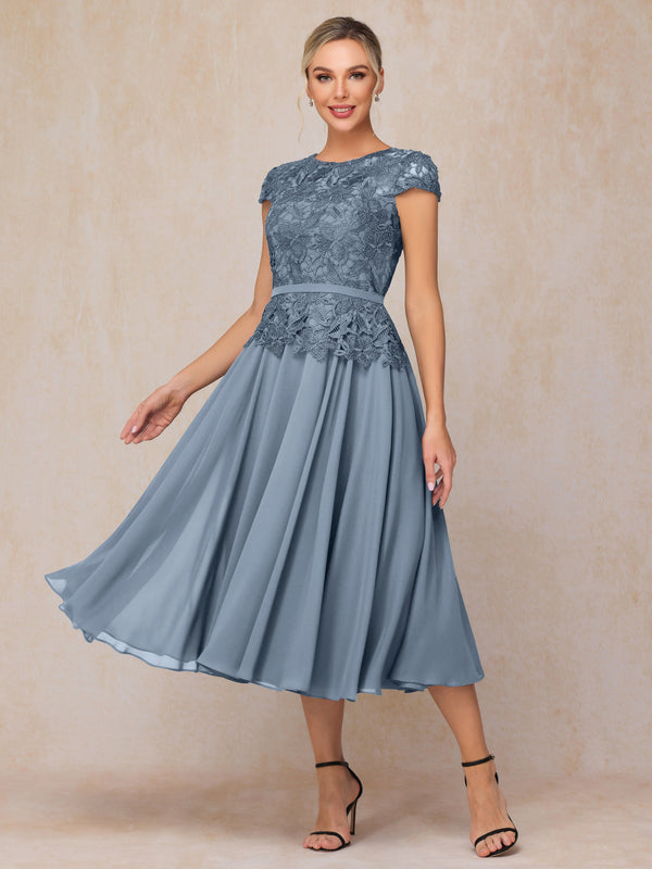Cap Sleeves Tea Length Chiffon Mother Of The Groom Dress