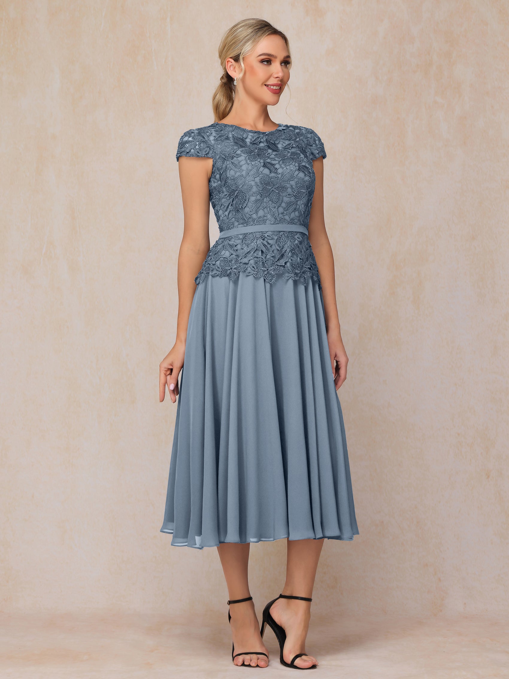 Cap Sleeves Tea Length Chiffon Mother Of The Bride Dress
