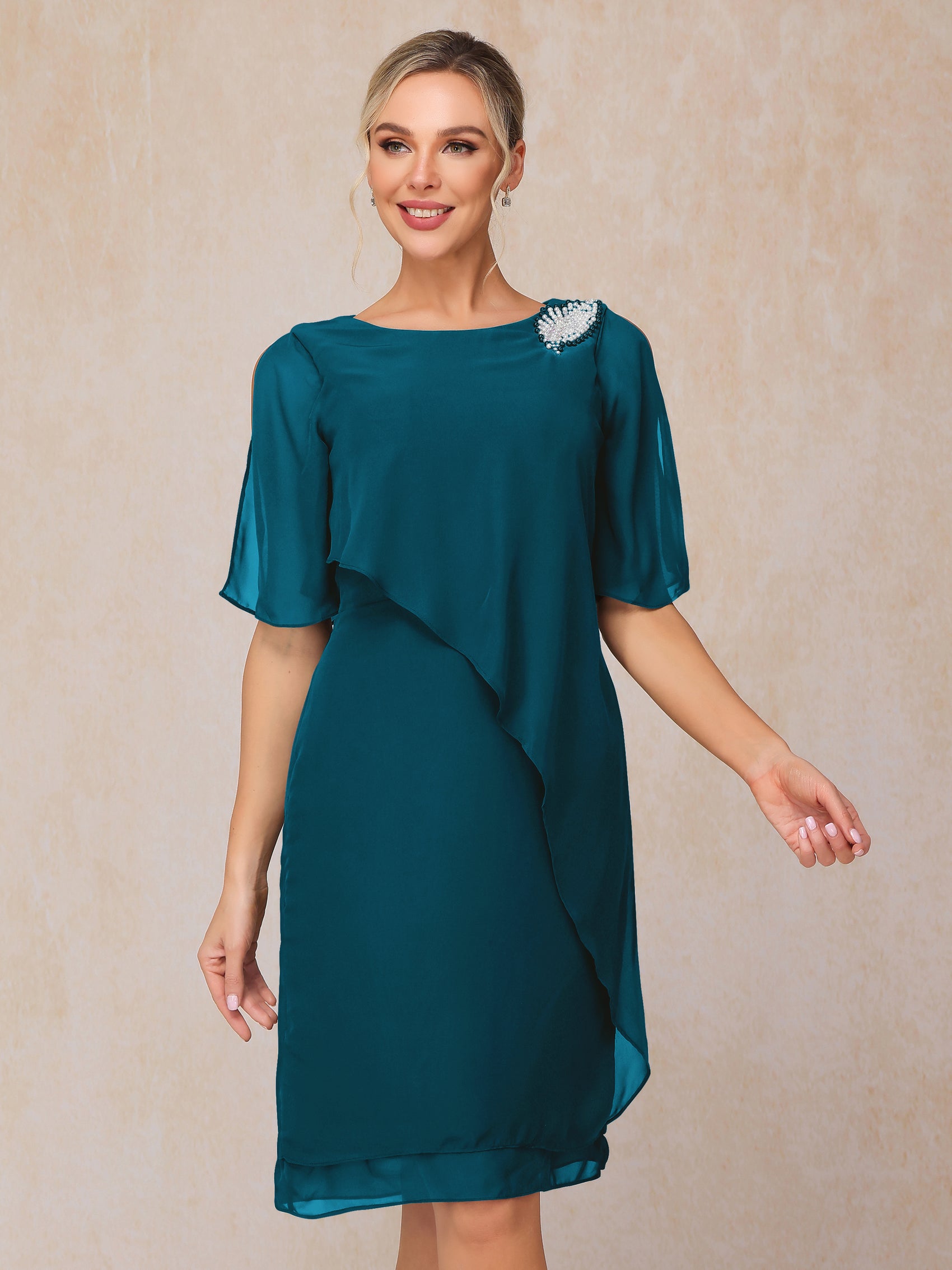 Sky Blue Mother Of The Bride Dress Jewel A-Line Short Sleeves Beading Knee Length Chiffon Mother Of The Bride Dress