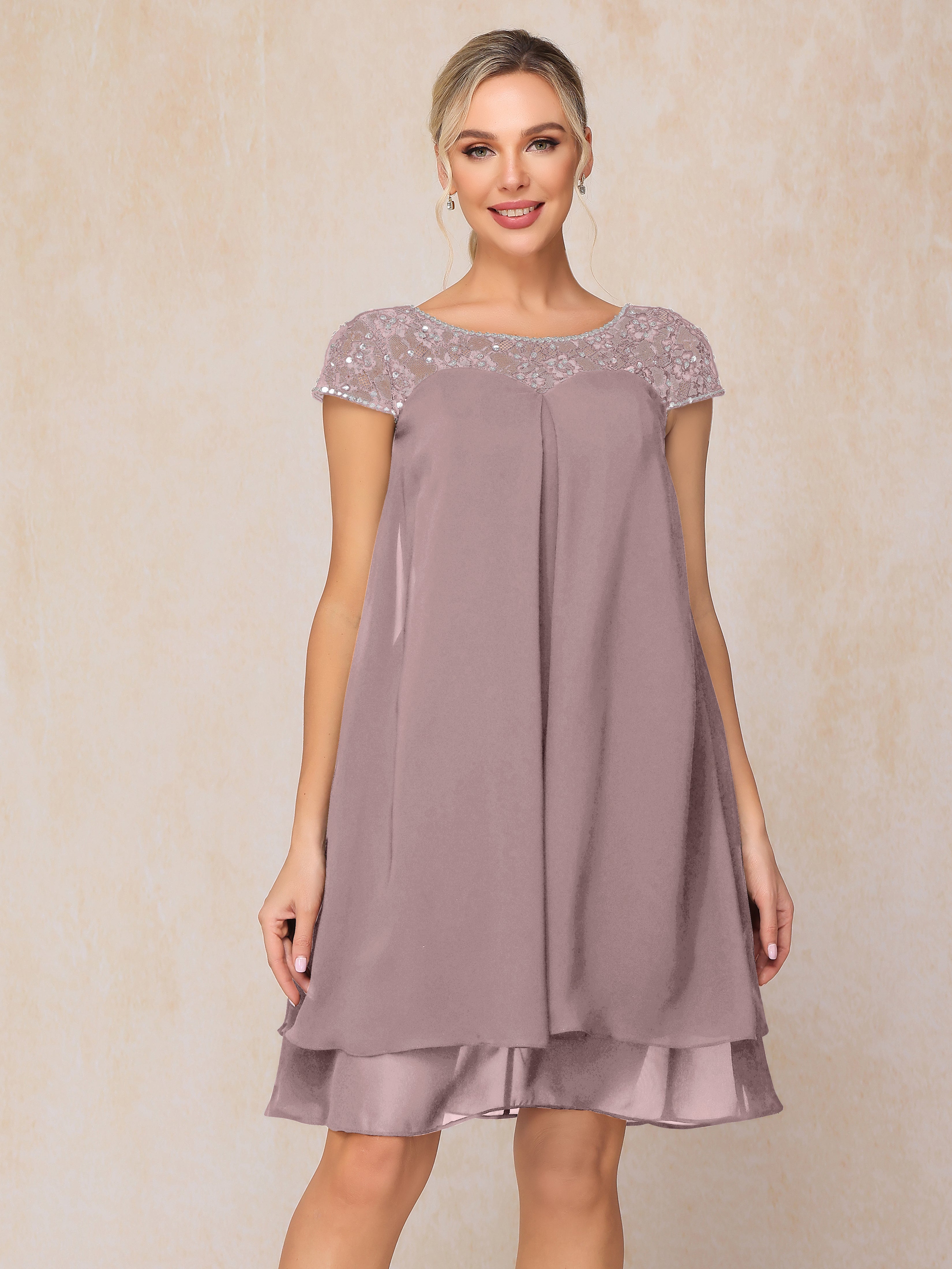 Cap Sleeves Beading Knee Length Chiffon Lace Mother Of The  Groom Dress