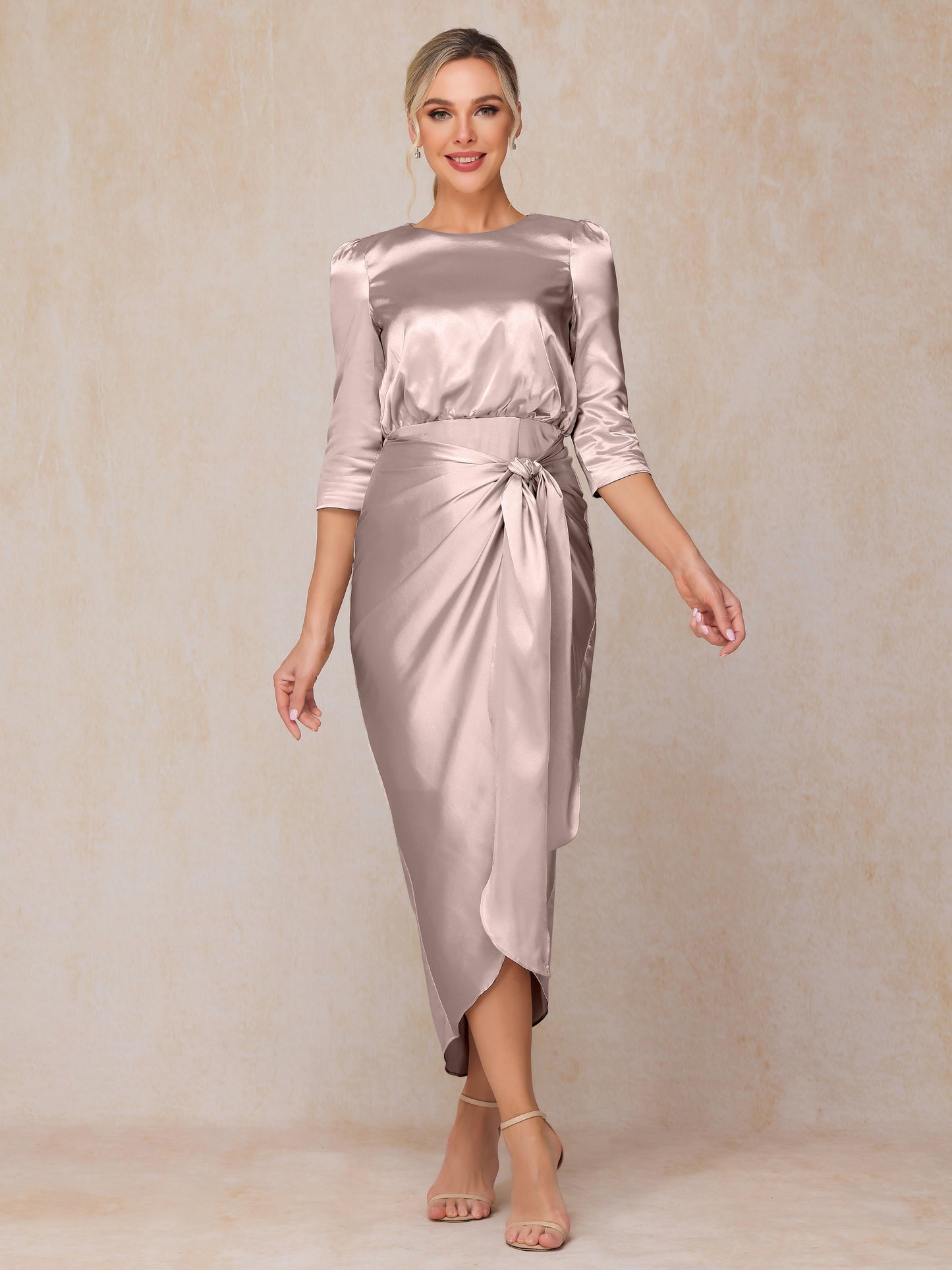 Short Sleeves Ankle Length Soft Satin Mother Of The Bride Dress