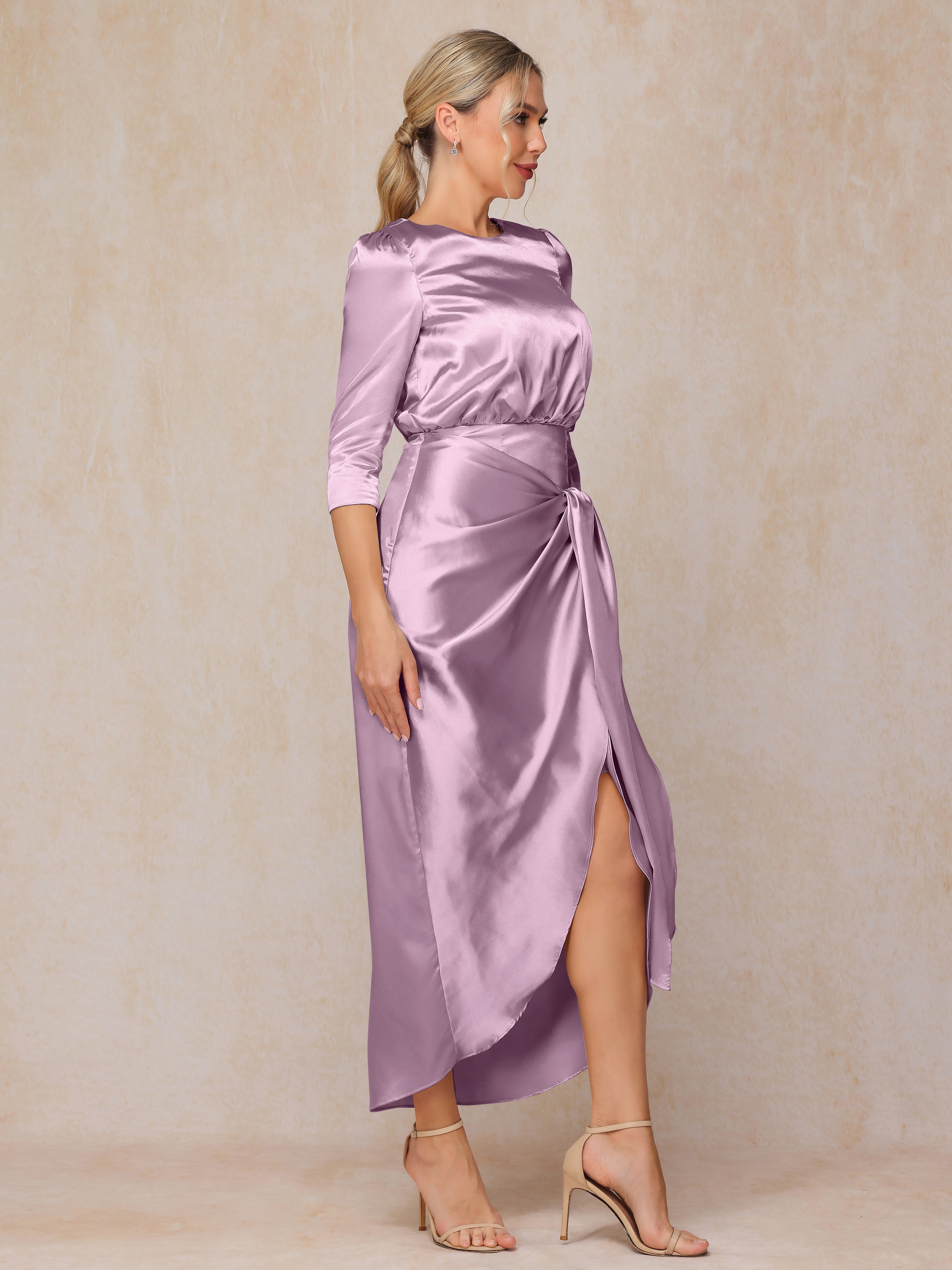 Half Sleeves Ankle Length Soft Satin Wedding Guest Dress
