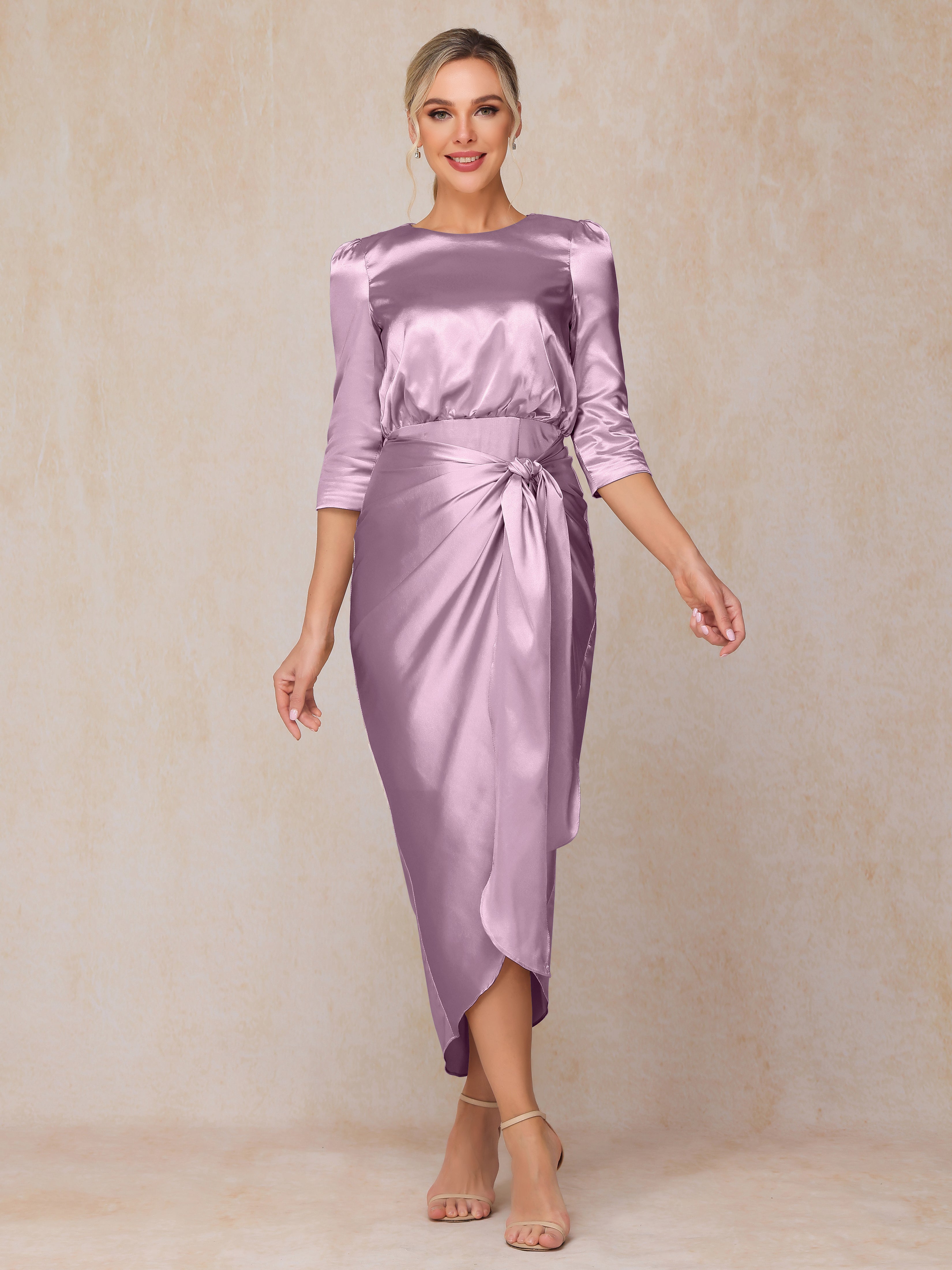 Half Sleeves Ankle Length Soft Satin Wedding Guest Dress