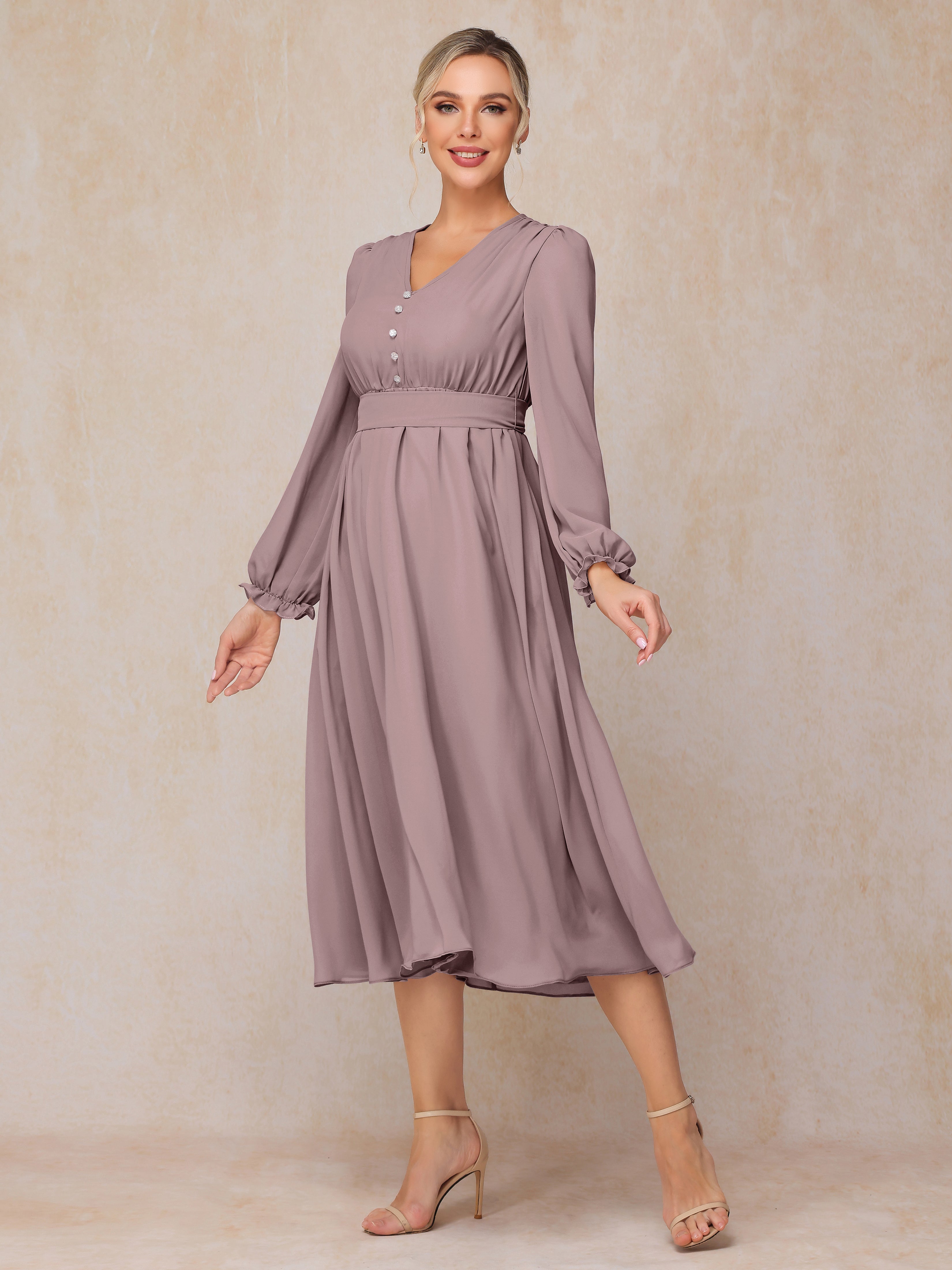 Long Sleeves V-neck Tea Length Chiffon Wedding Guest Dresses