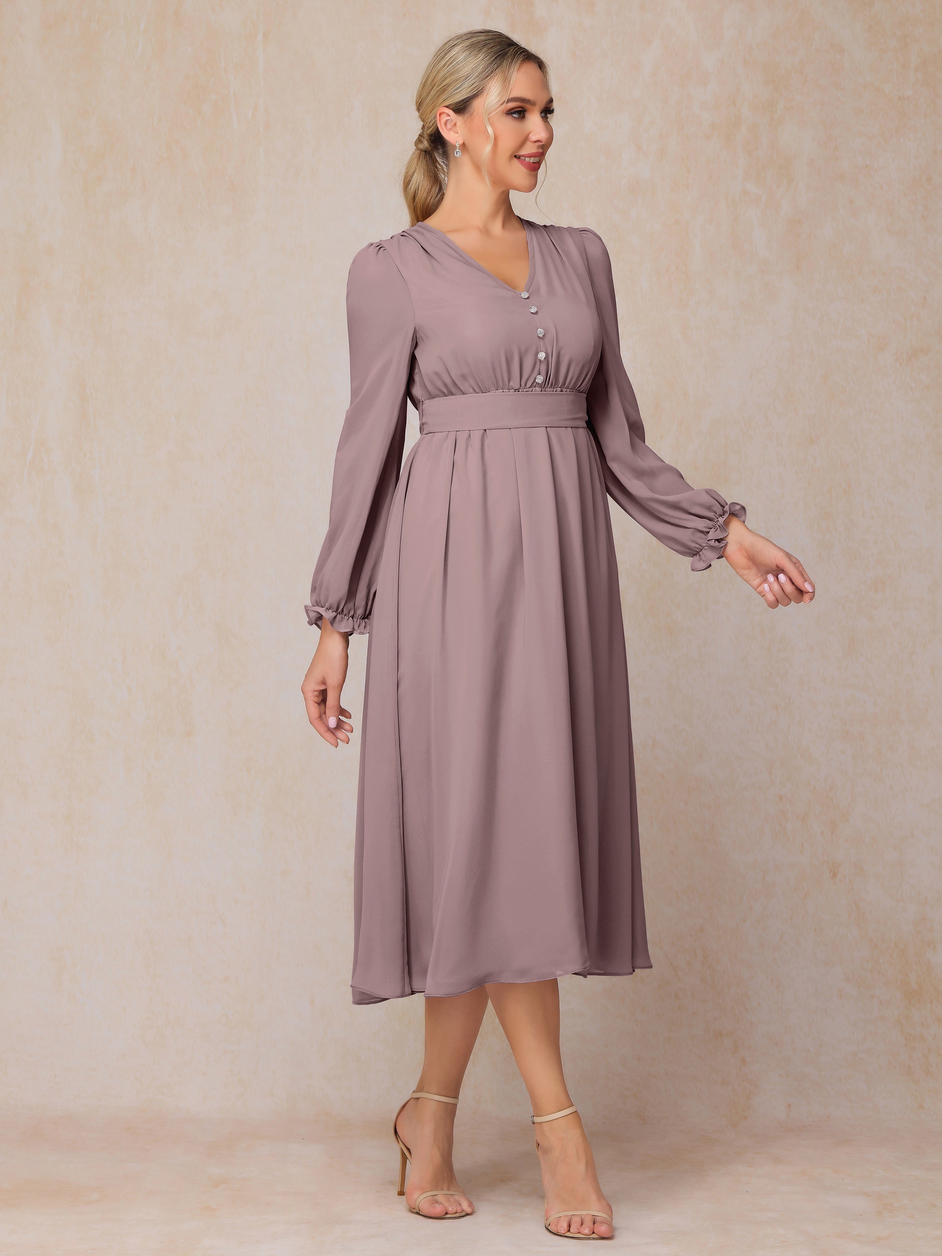 Long Sleeves V-neck Tea Length Chiffon Wedding Guest Dresses