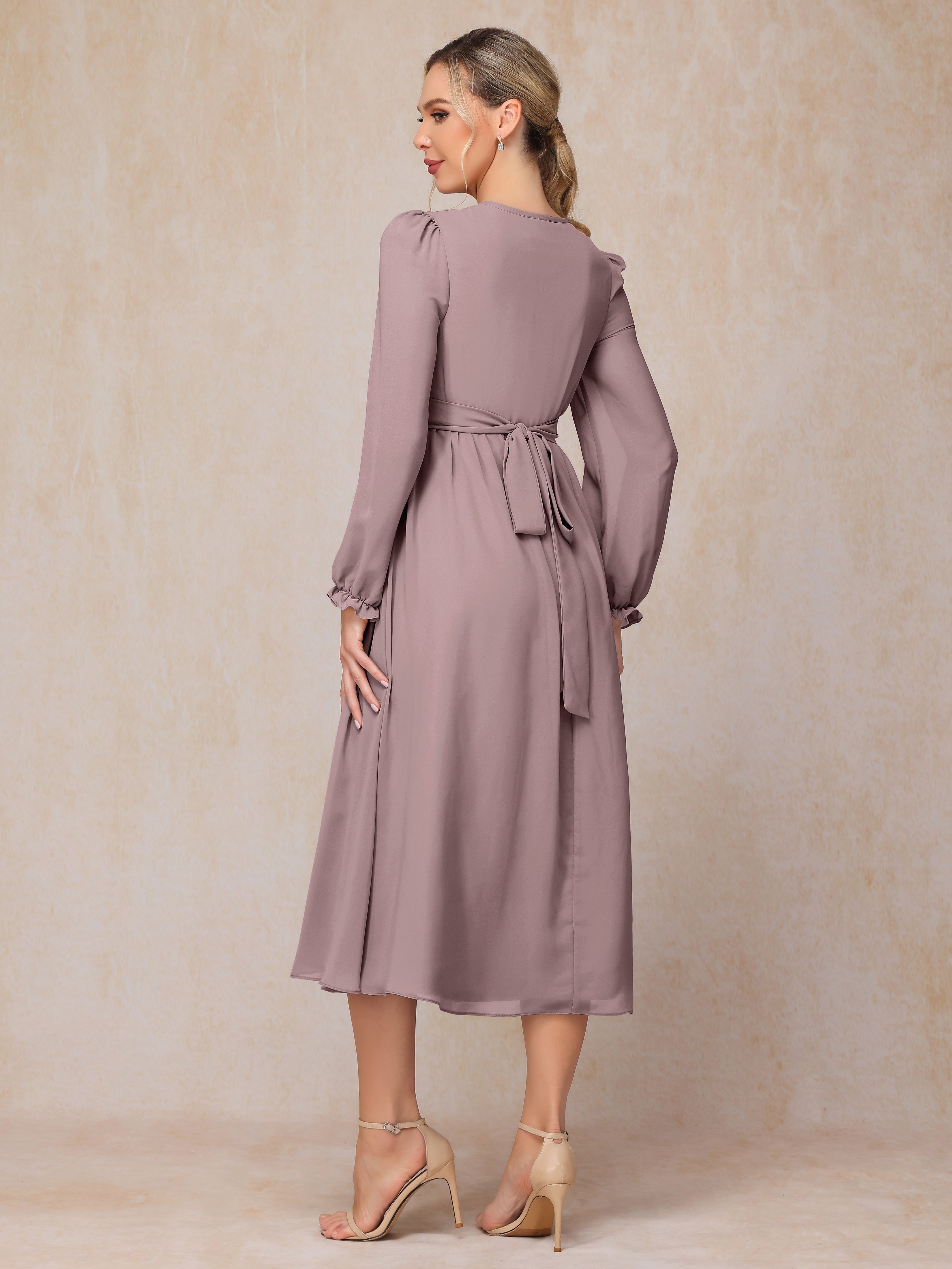 Long Sleeves V-neck Tea Length Chiffon Wedding Guest Dresses