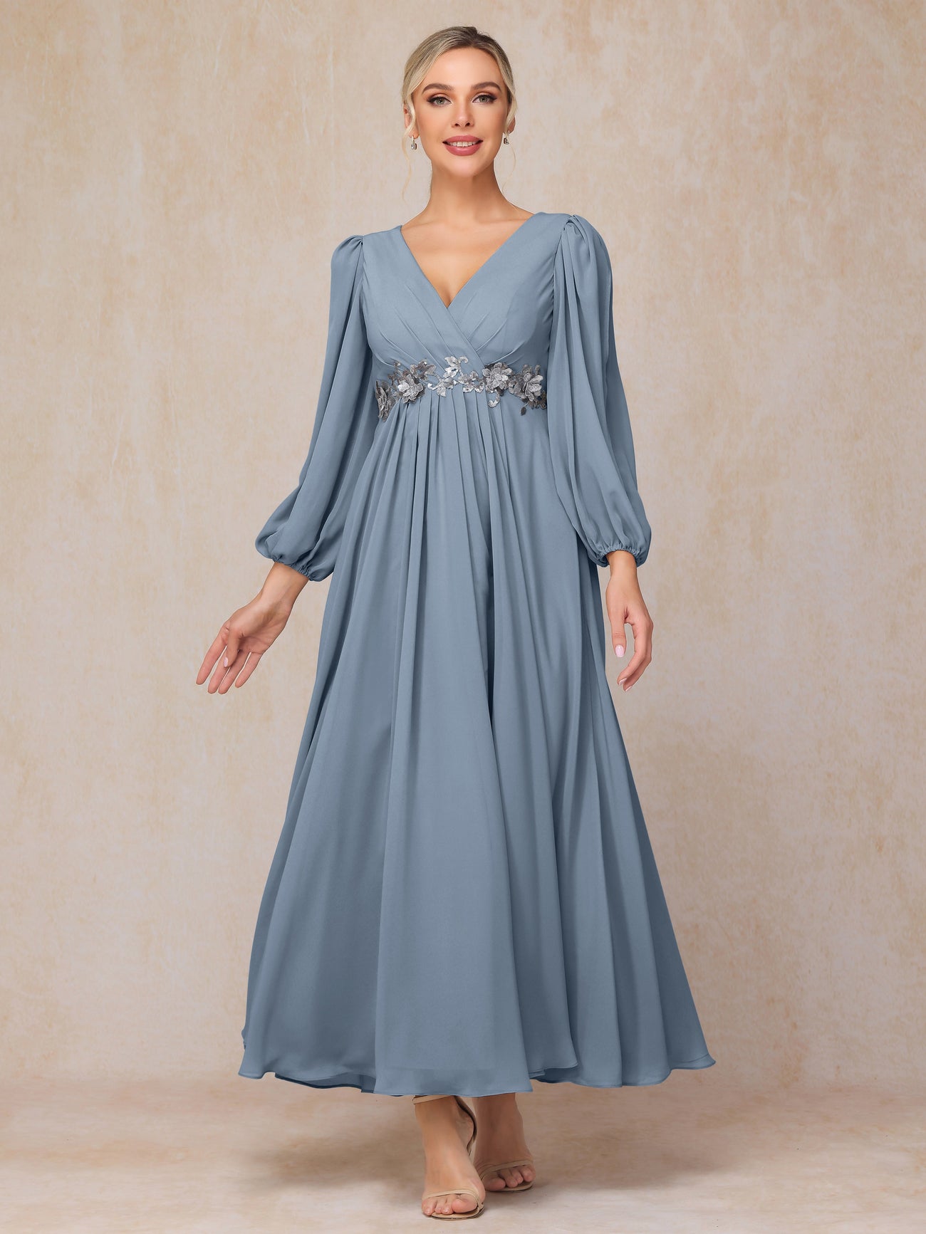 Long Sleeves V Neck Ankle Length Chiffon Wedding Guest Dresses