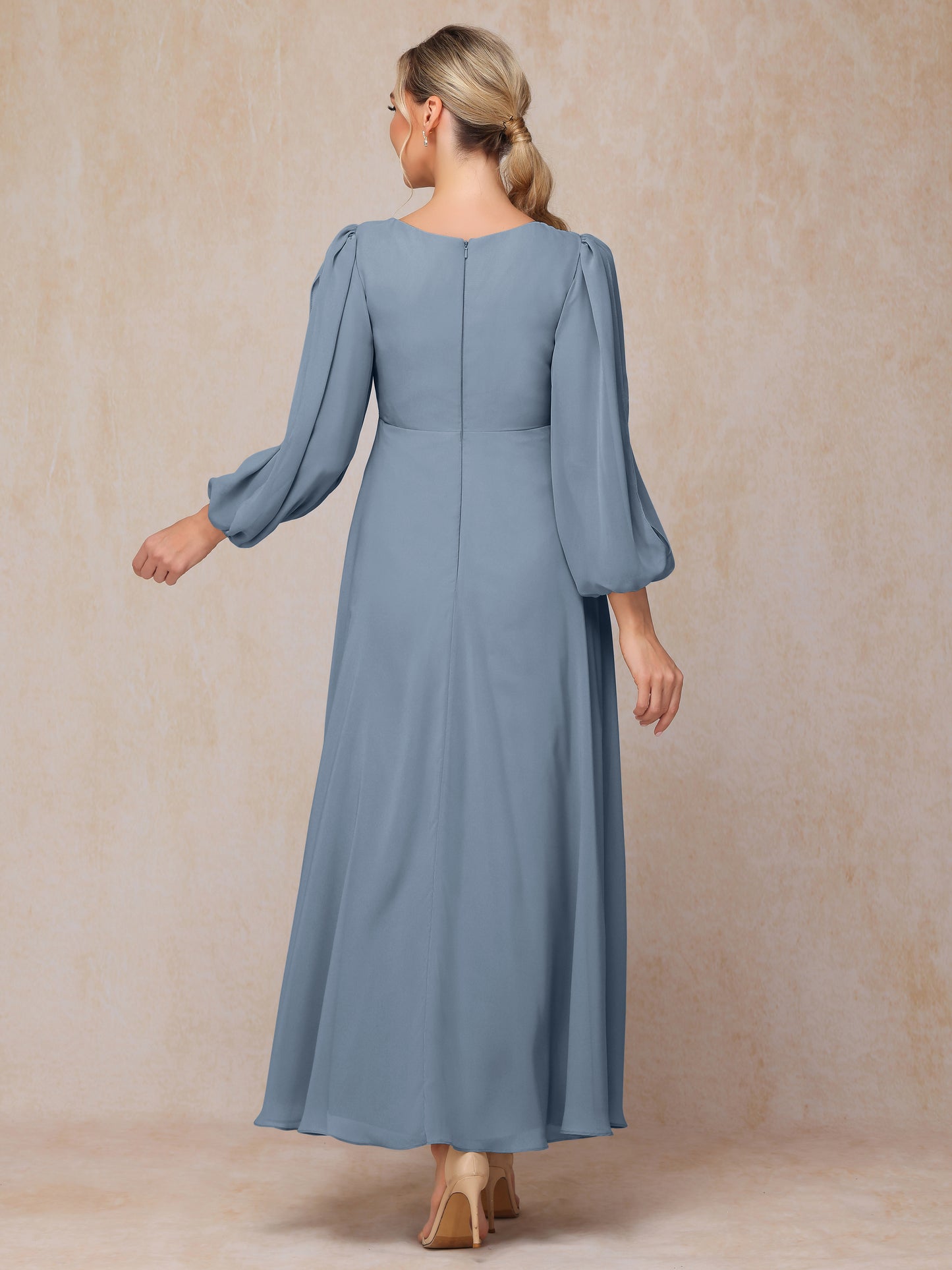 Long Sleeves V Neck Ankle Length Chiffon Mother Of The Bride Dress