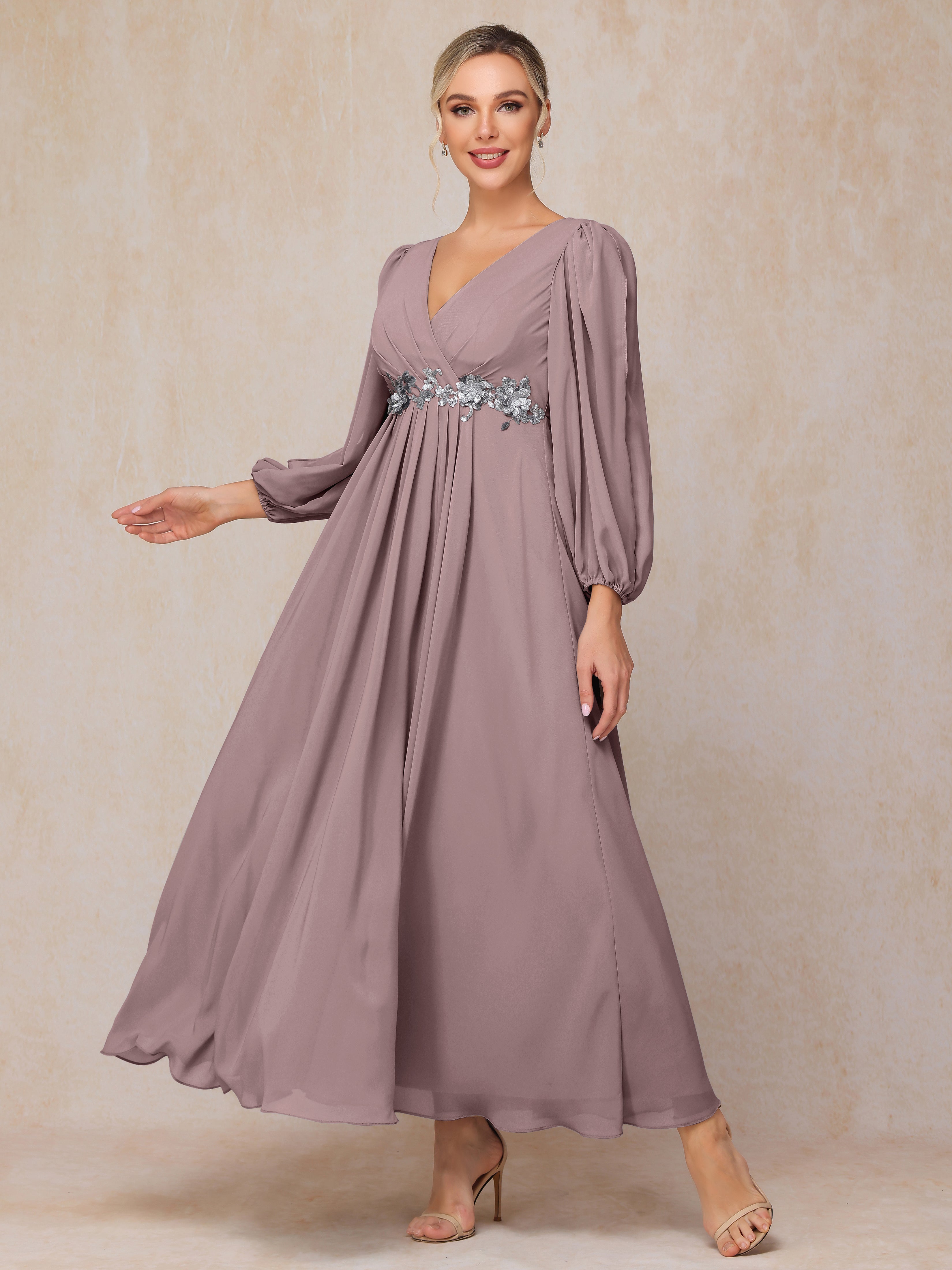 Long Sleeves V Neck Ankle Length Chiffon Wedding Guest Dresses