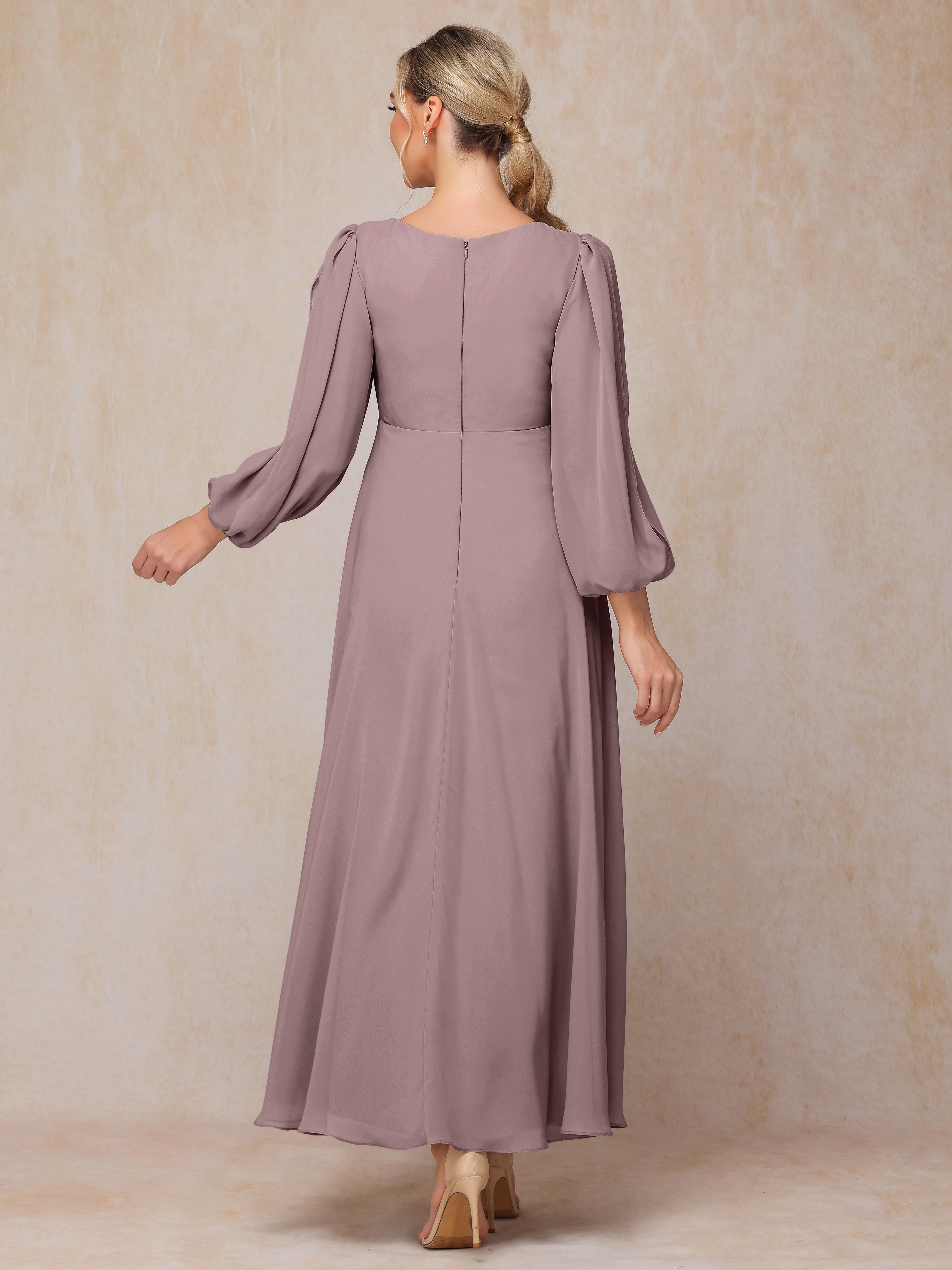 Long Sleeves V Neck Ankle Length Chiffon Wedding Guest Dresses