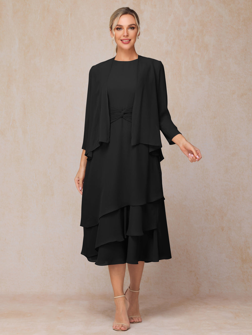 2 Pieces Tea Length Long Sleeves Chiffon Mother Of The Groom Dress