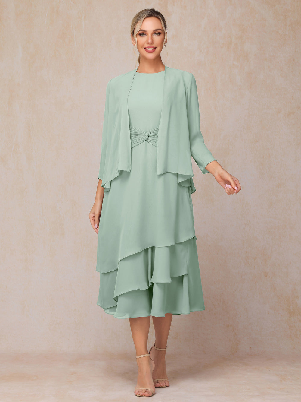 2 Pieces Tea Length Long Sleeves Chiffon Mother Of The Groom Dress
