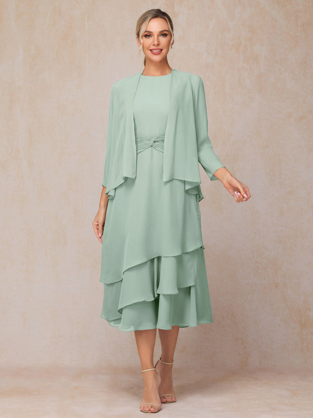 2 Pieces Tea Length Long Sleeves Chiffon Mother Of The Groom Dress