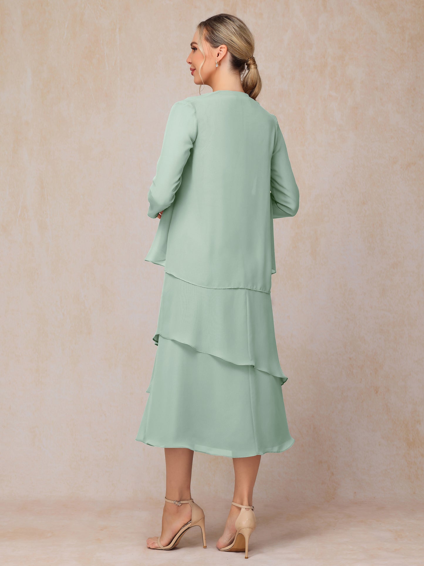 2 Pieces Tea Length Long Sleeves Chiffon Mother Of The Bride Dress