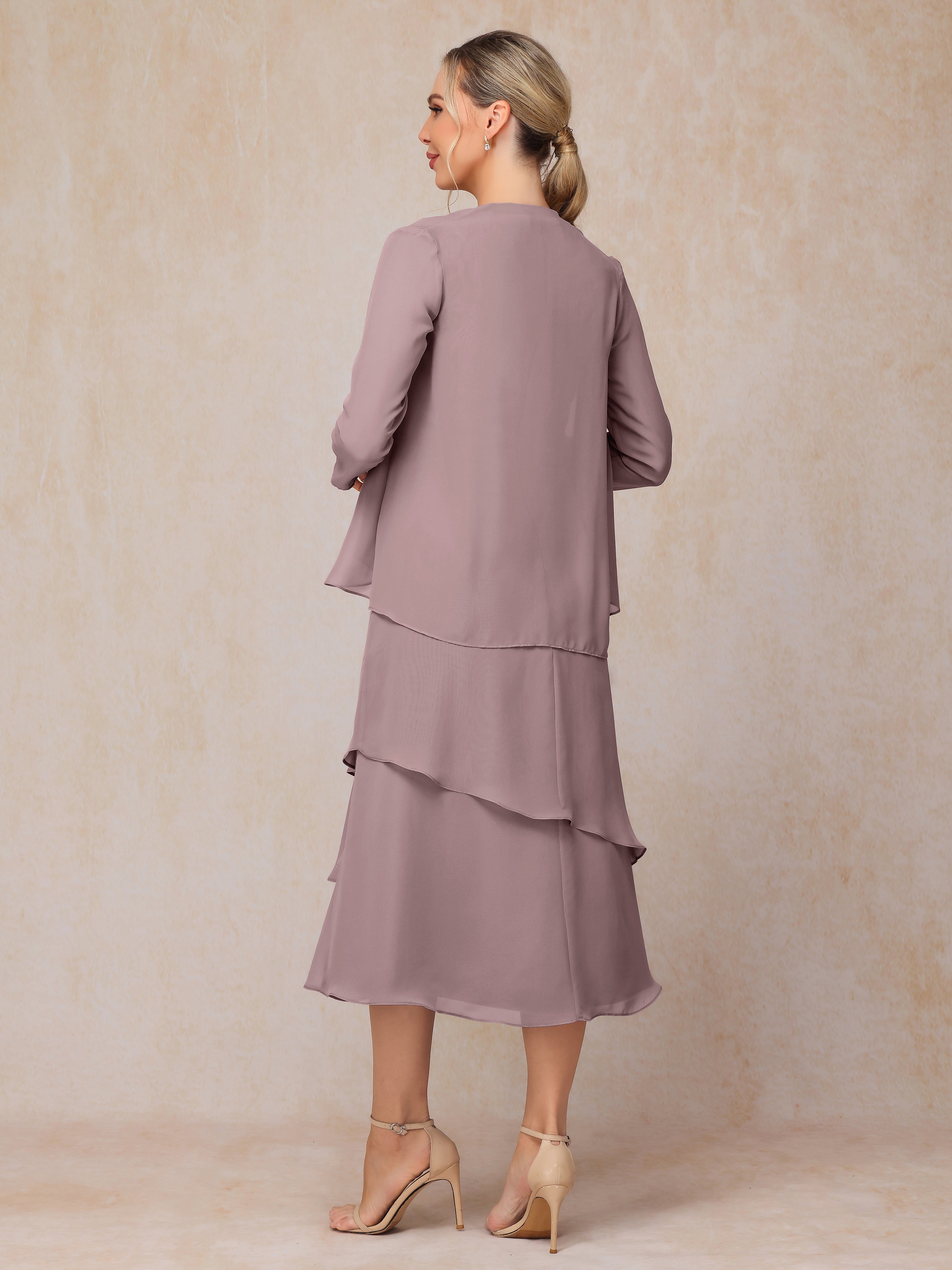 2 Pieces Tea Length Long Sleeves Chiffon Mother Of The Bride Dress