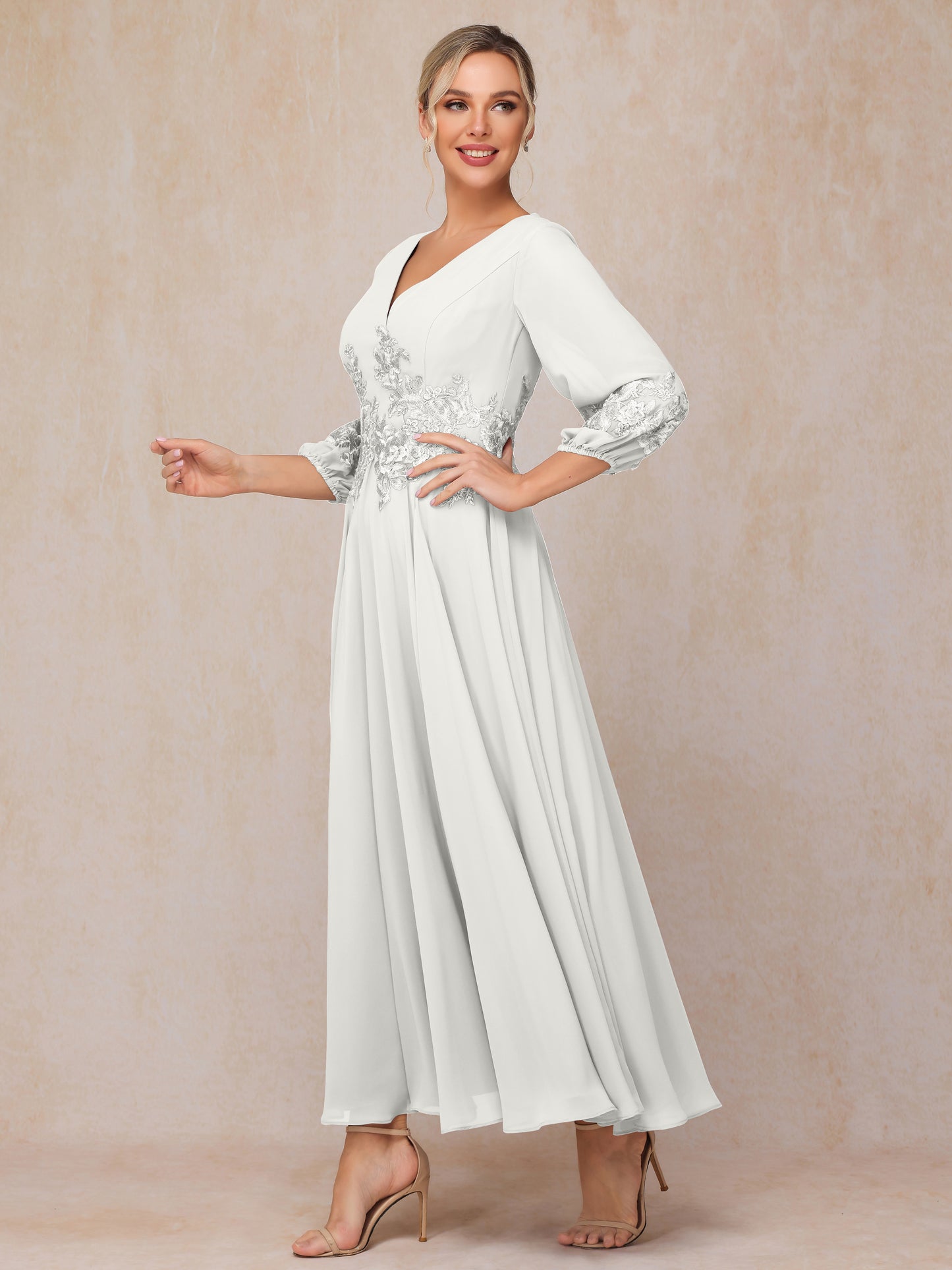 Long Sleeves Appliques Ankle Length Chiffon Mother Of The Bride Dress