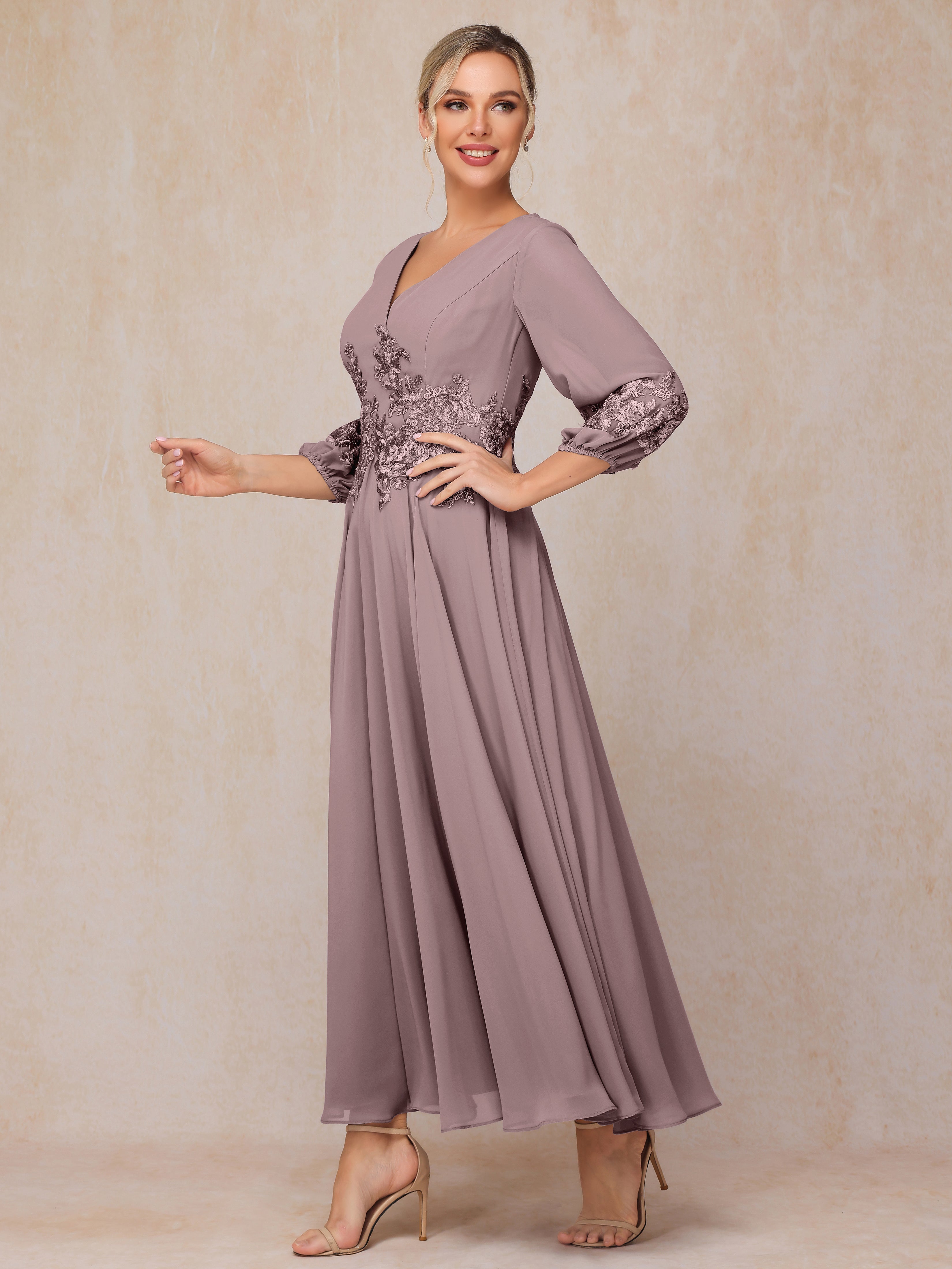 Long Sleeves Appliques Ankle Length Chiffon Wedding Guest Dresses