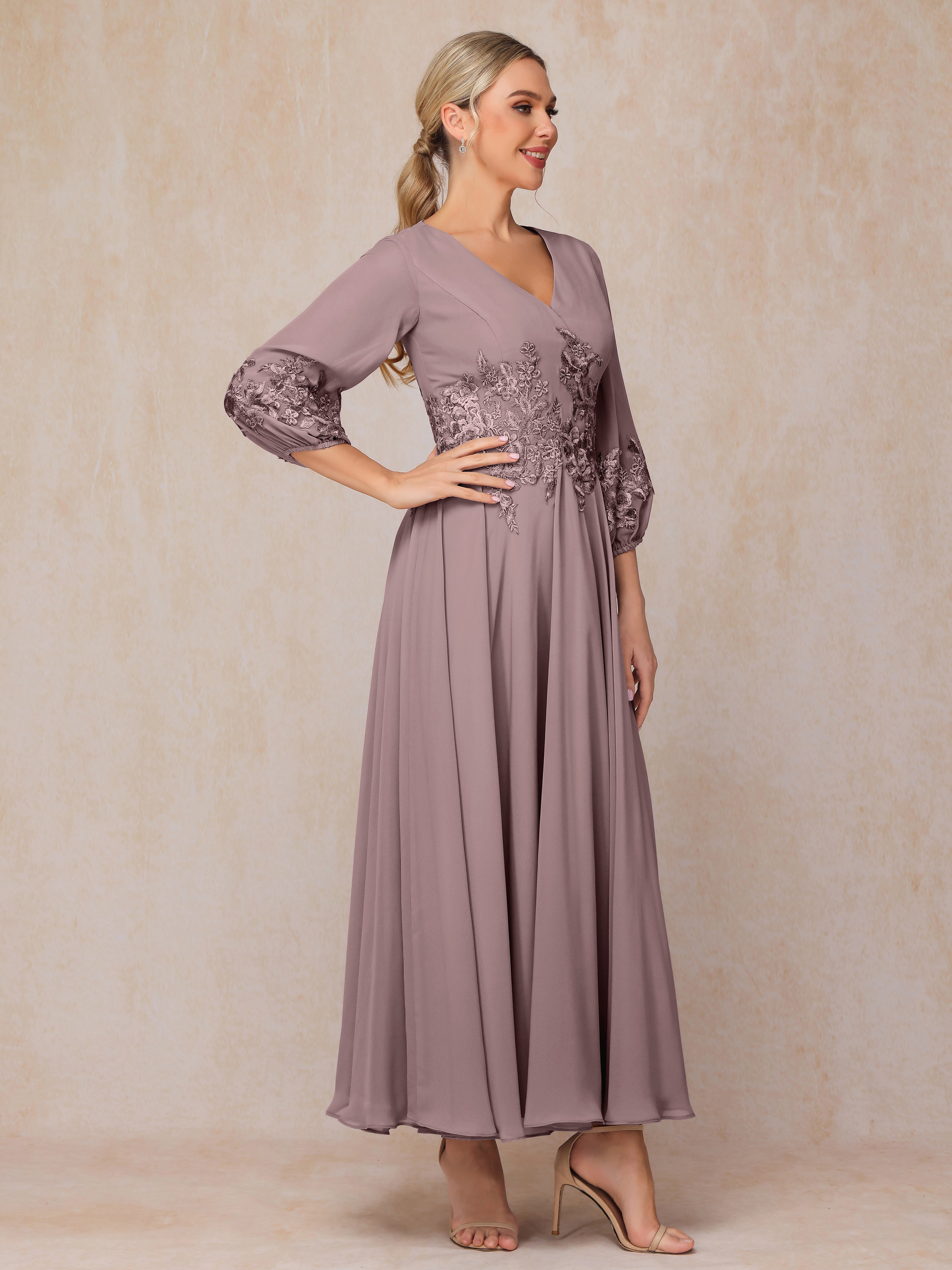 Long Sleeves Appliques Ankle Length Chiffon Wedding Guest Dresses