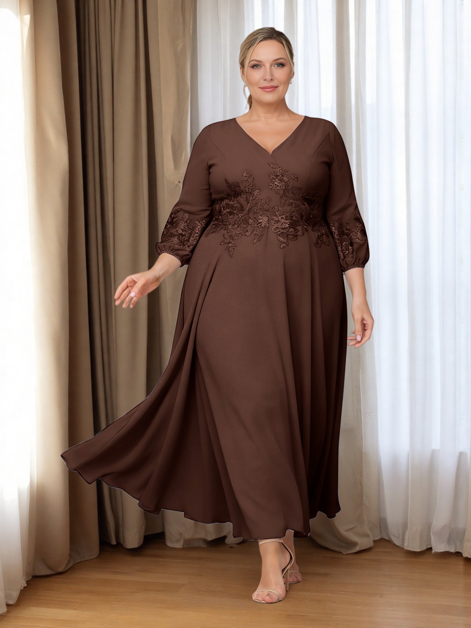 chocolate brown plus size dress Cicinia Chocolate Mother Of The Bride Dress Plus Size Long Appliques Lace Chiffon Ankle Length V-neck