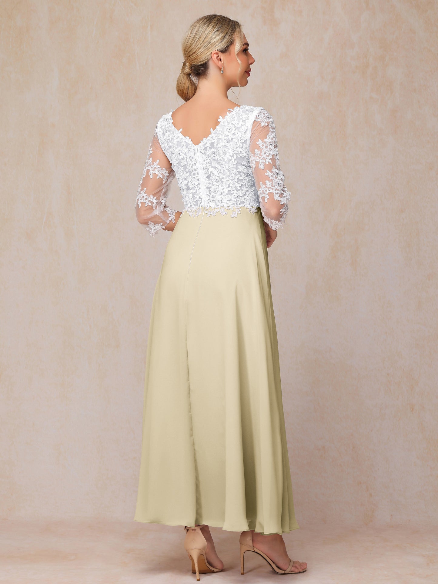 3/4 Sleeves A Line Ankle Length Chiffon Lace Wedding Guest Dresses