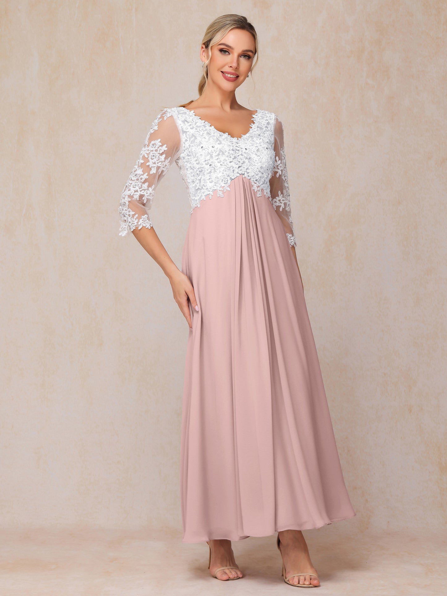 3/4 Sleeves A Line Ankle Length Chiffon Lace Wedding Guest Dresses