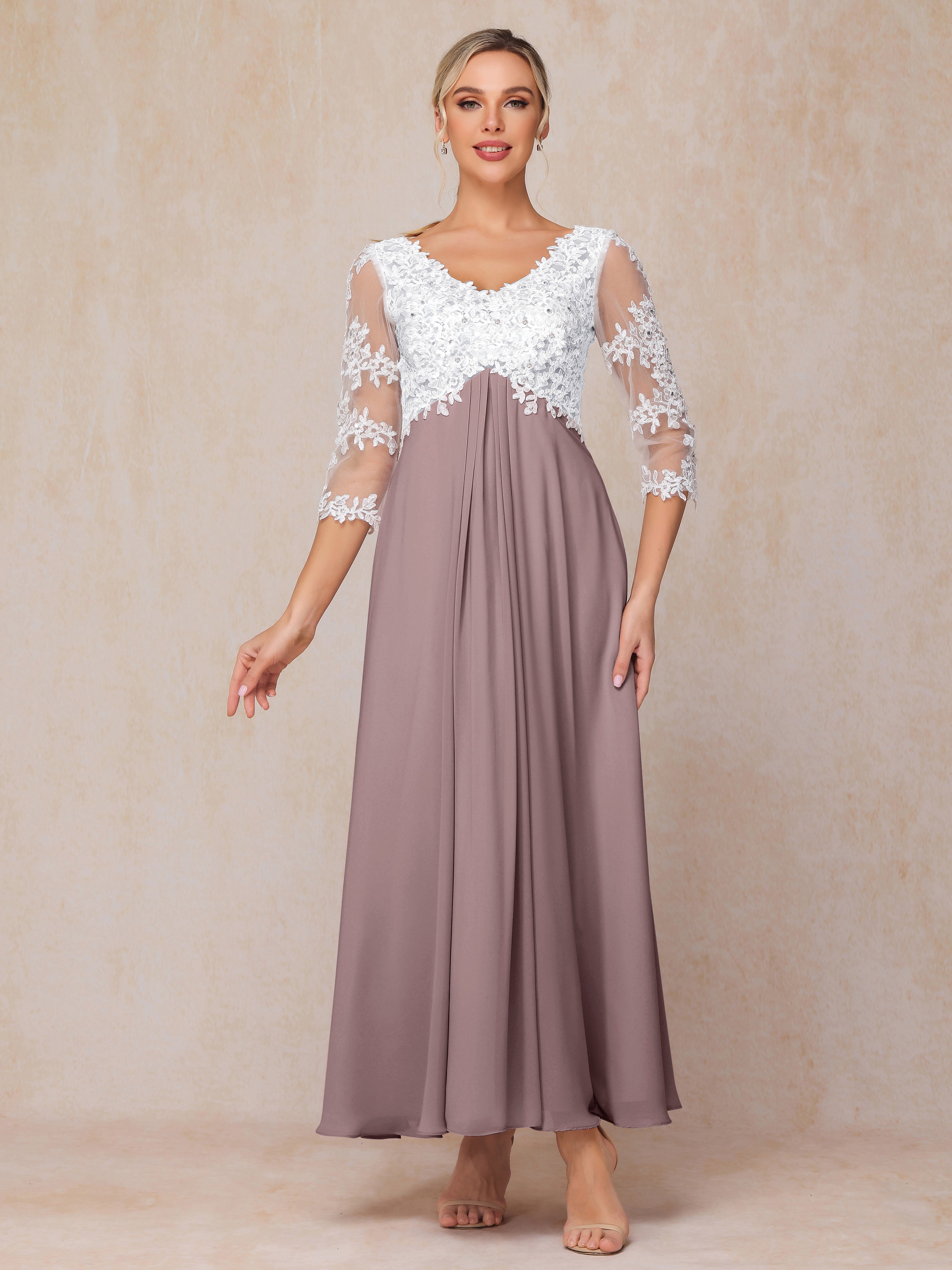 3/4 Sleeves A Line Ankle Length Chiffon Lace Wedding Guest Dresses