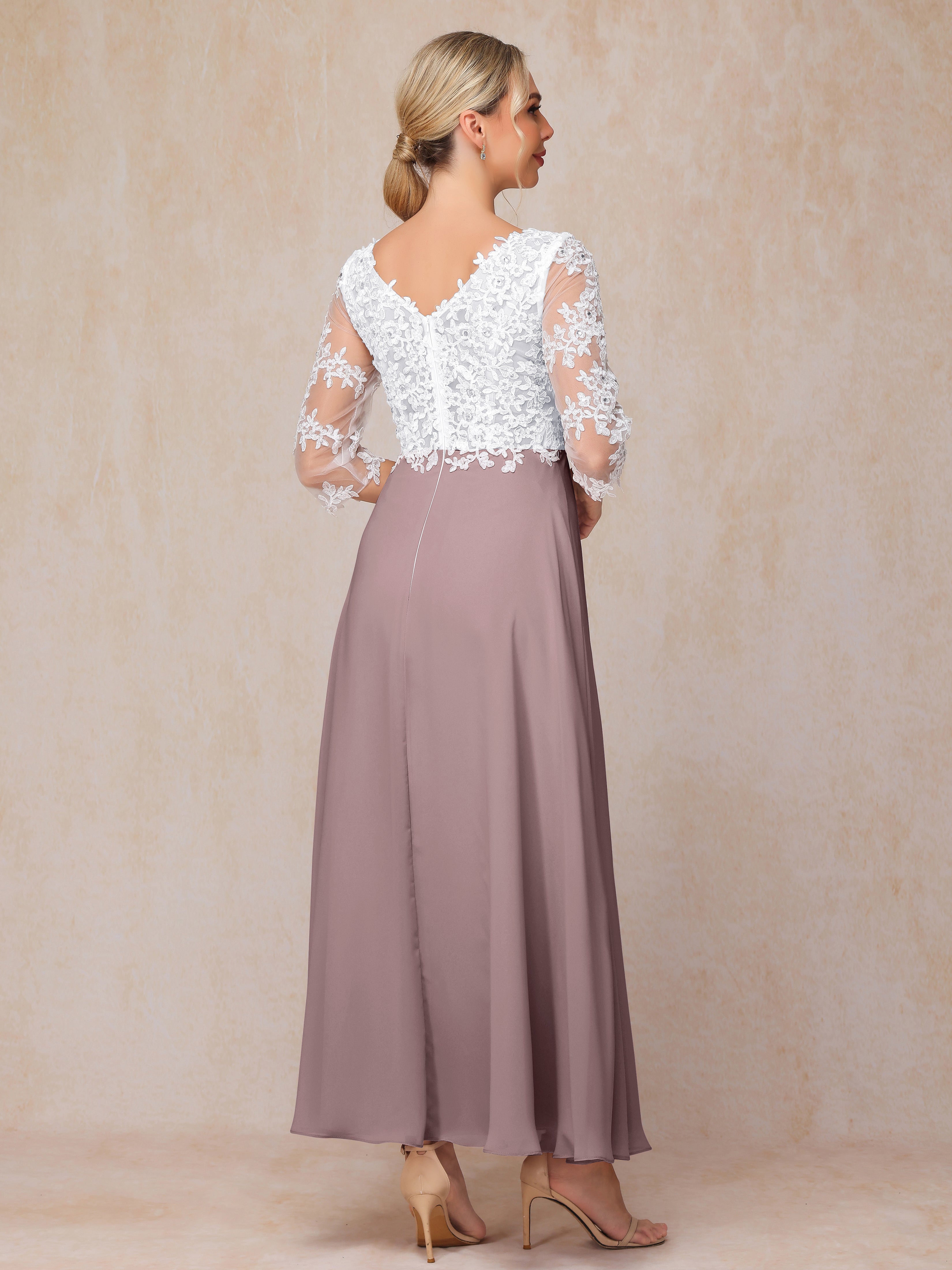 3/4 Sleeves A Line Ankle Length Chiffon Lace Wedding Guest Dresses