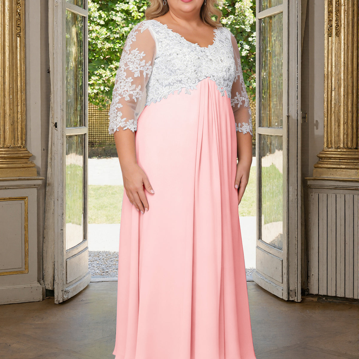 Cicinia Blush Mother Of The Bride Dress Plus Size Long V-neck Lace Chiffon Ankle Length 3/4 Length Sleeves