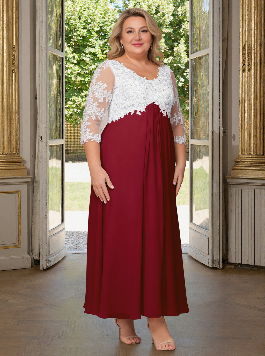 Cicinia Burgundy Mother Of The Bride Dress Plus Size Long V-neck Lace Chiffon Ankle Length 3/4 Length Sleeves