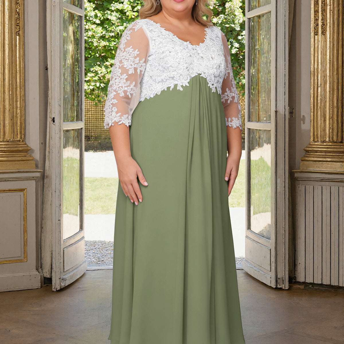 Cicinia Olive Green Mother Of The Bride Dress Plus Size Long V-neck Lace Chiffon Ankle Length 3/4 Length Sleeves