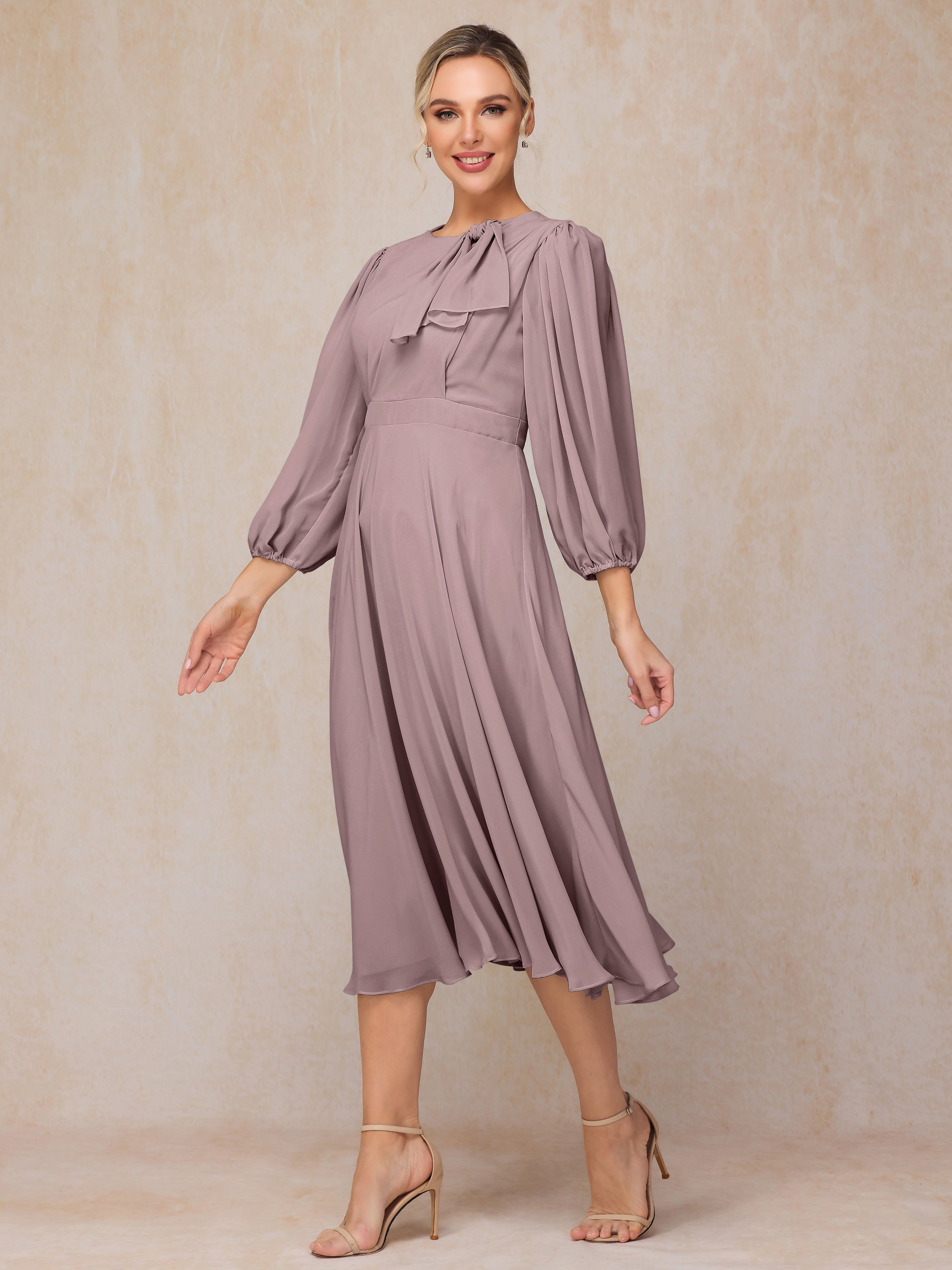 Long Sleeves A Line Tea Length Chiffon Mother Of The Bride Dress