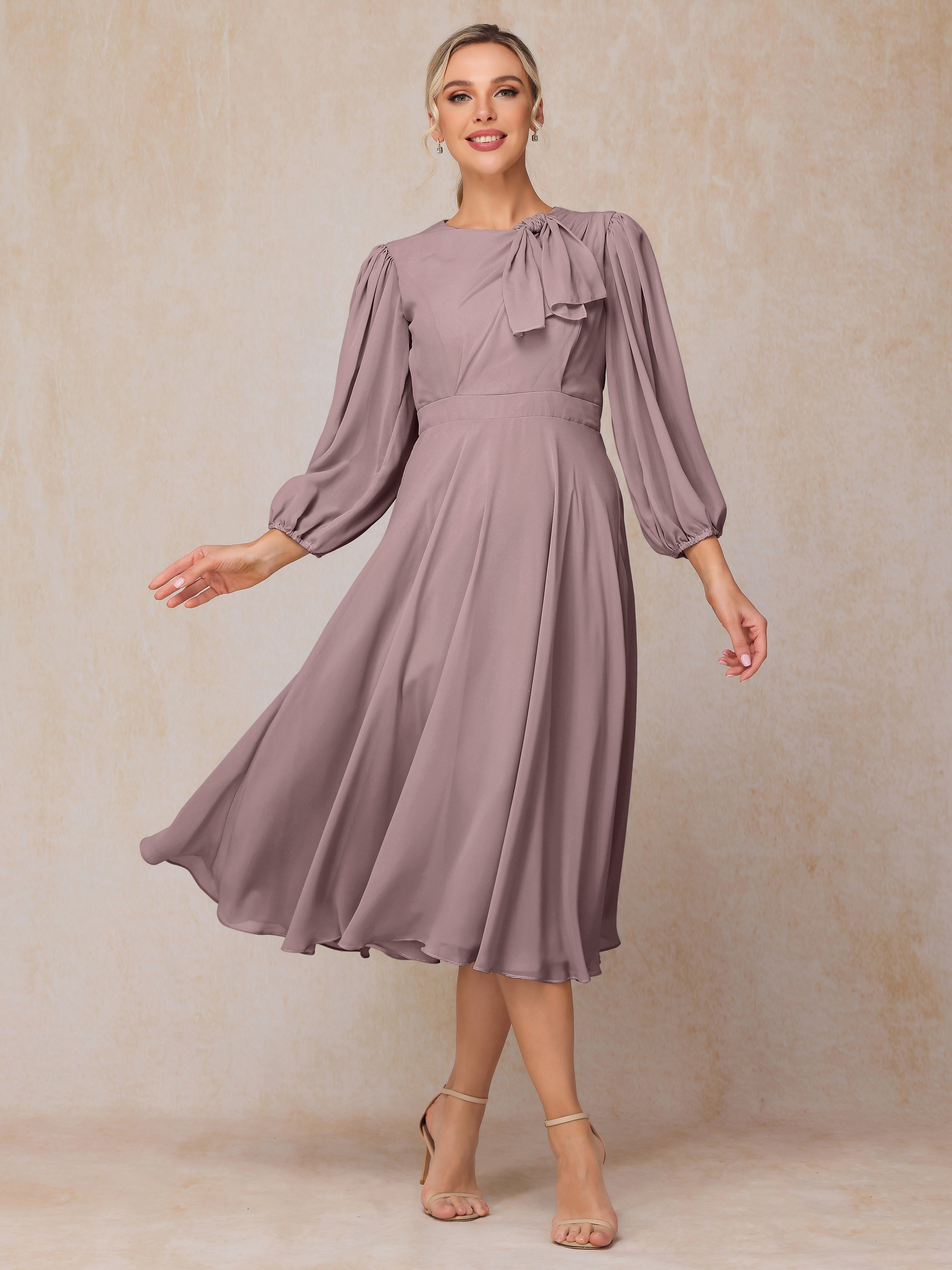 Long Sleeves A Line Tea Length Chiffon Mother Of The Bride Dress