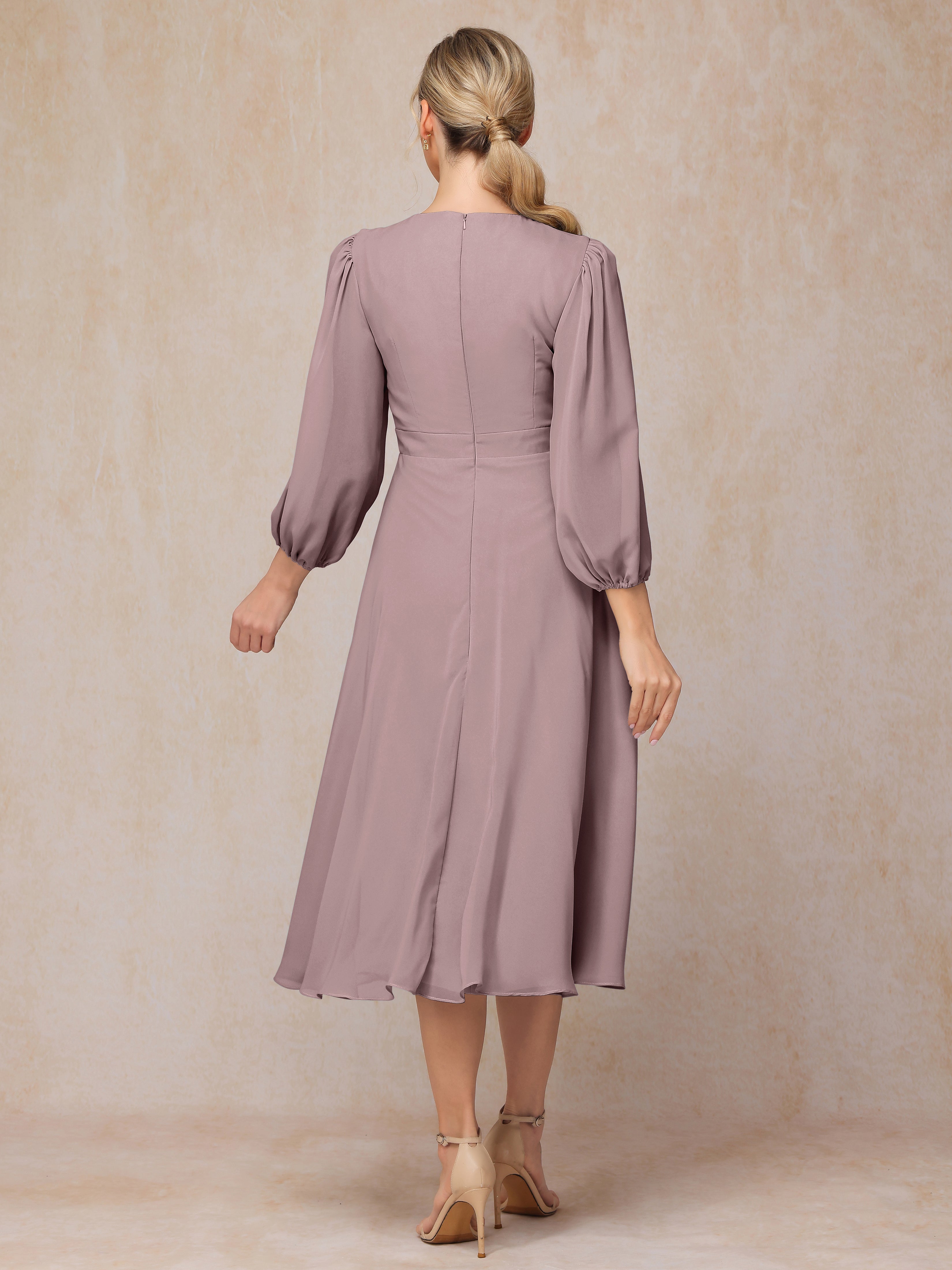 Long Sleeves A Line Tea Length Chiffon Mother Of The Bride Dress