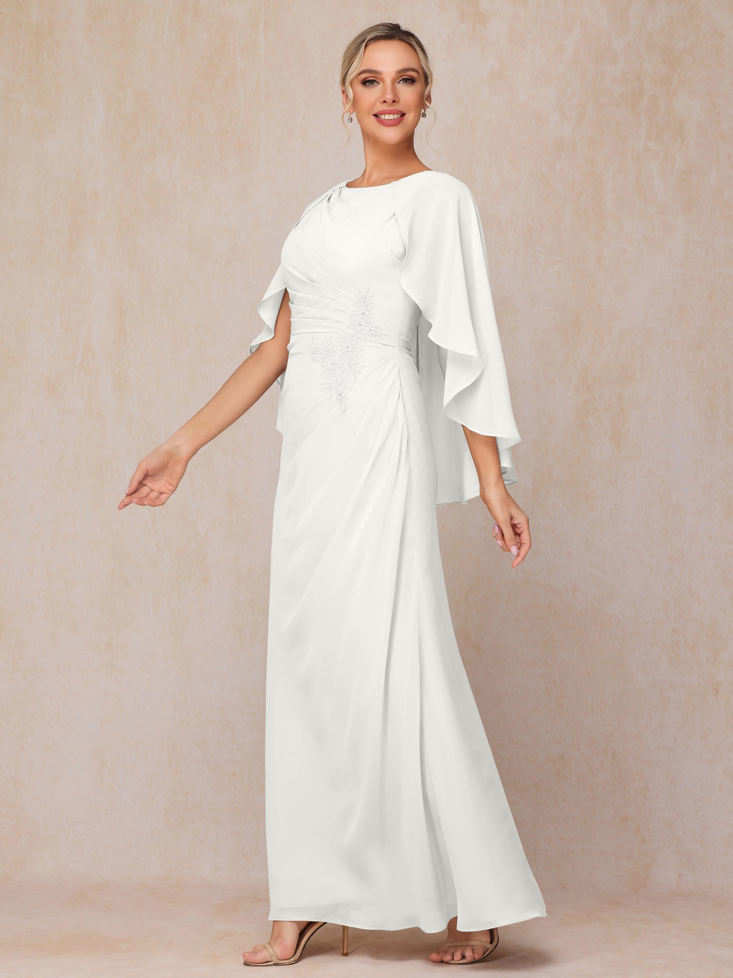 A Line Floor Length Chiffon Mother Of The Bride Dress With Cape